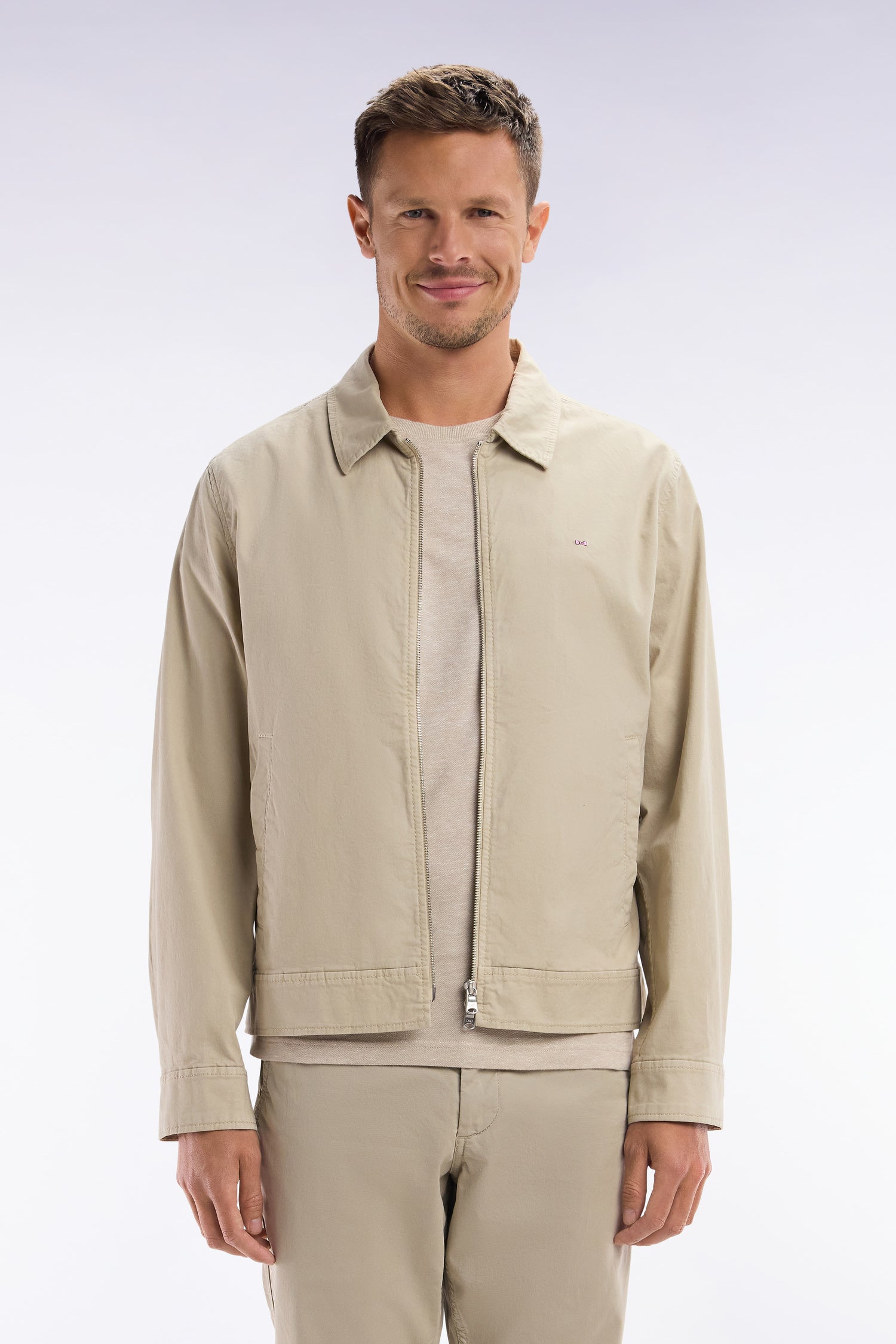 Blouson zippé en gabardine de coton stretch beige