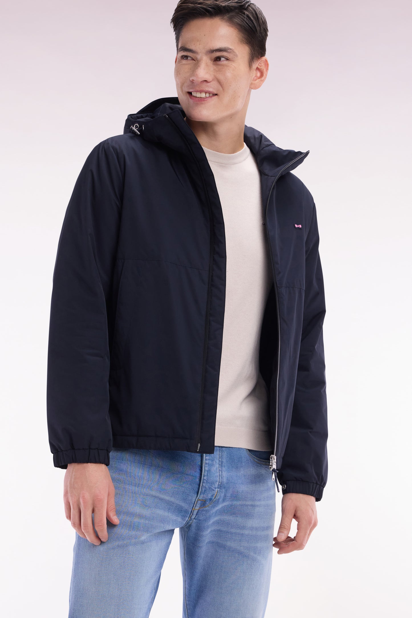 Polyamide hooded windbreaker with navy quilted interior
