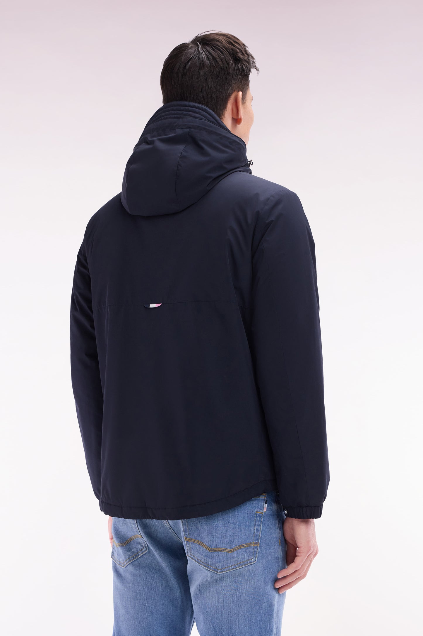 Polyamide hooded windbreaker with navy quilted interior