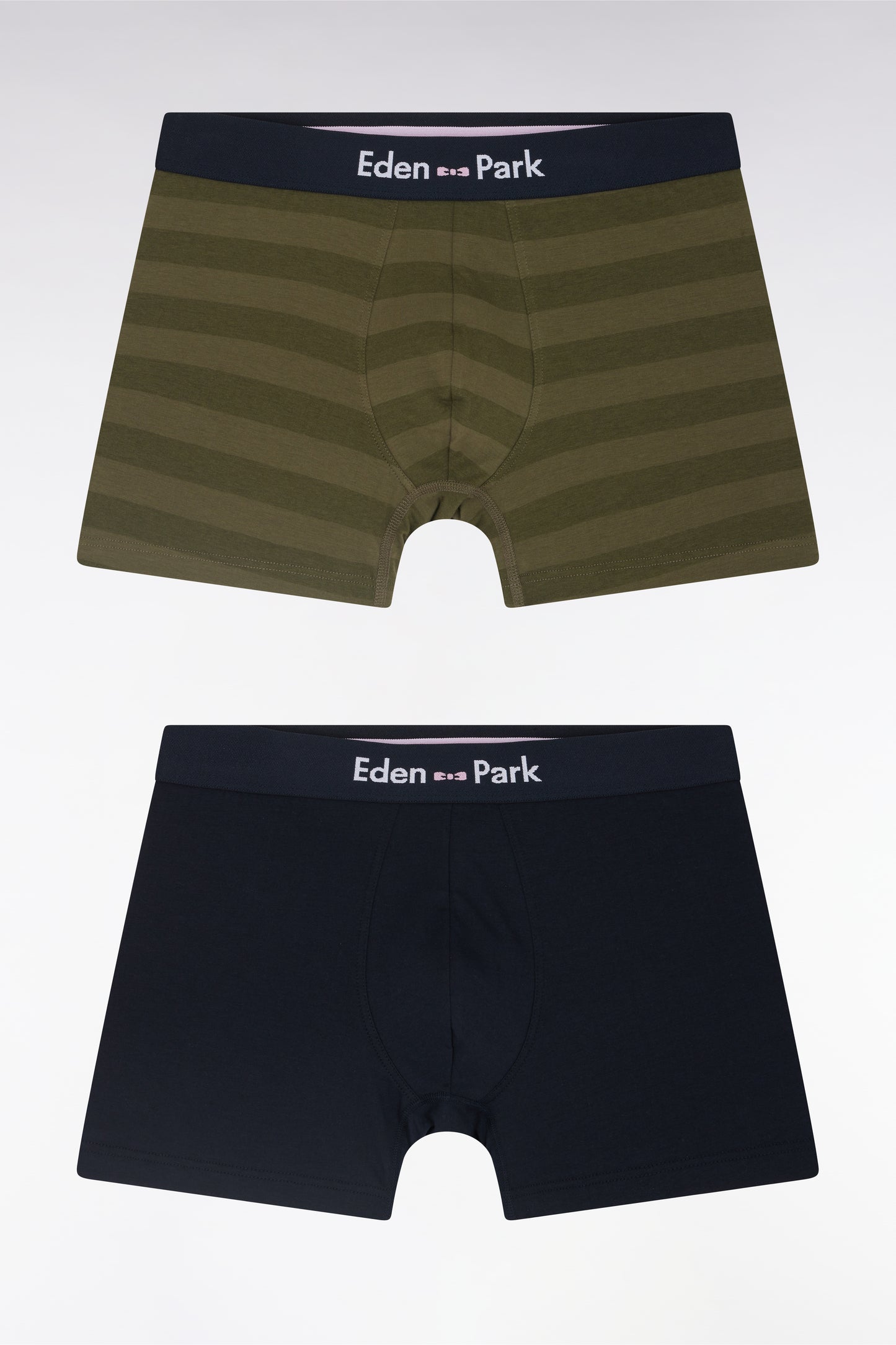 Set of two boxer shorts in navy stretch cotton jersey with khaki straps