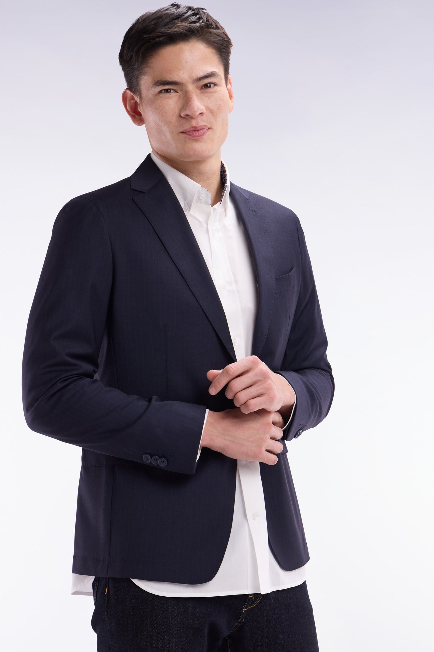 Navy suit jacket in fine striped wool blend