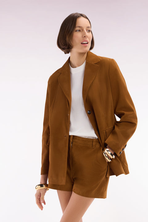 Straight-cut brown suede leather shorts - Image 1