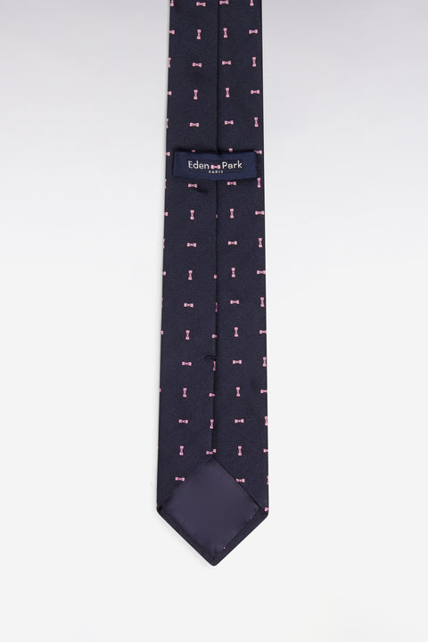 Cravate en soie marine à micromotifs nœuds papillon rose - Image 2