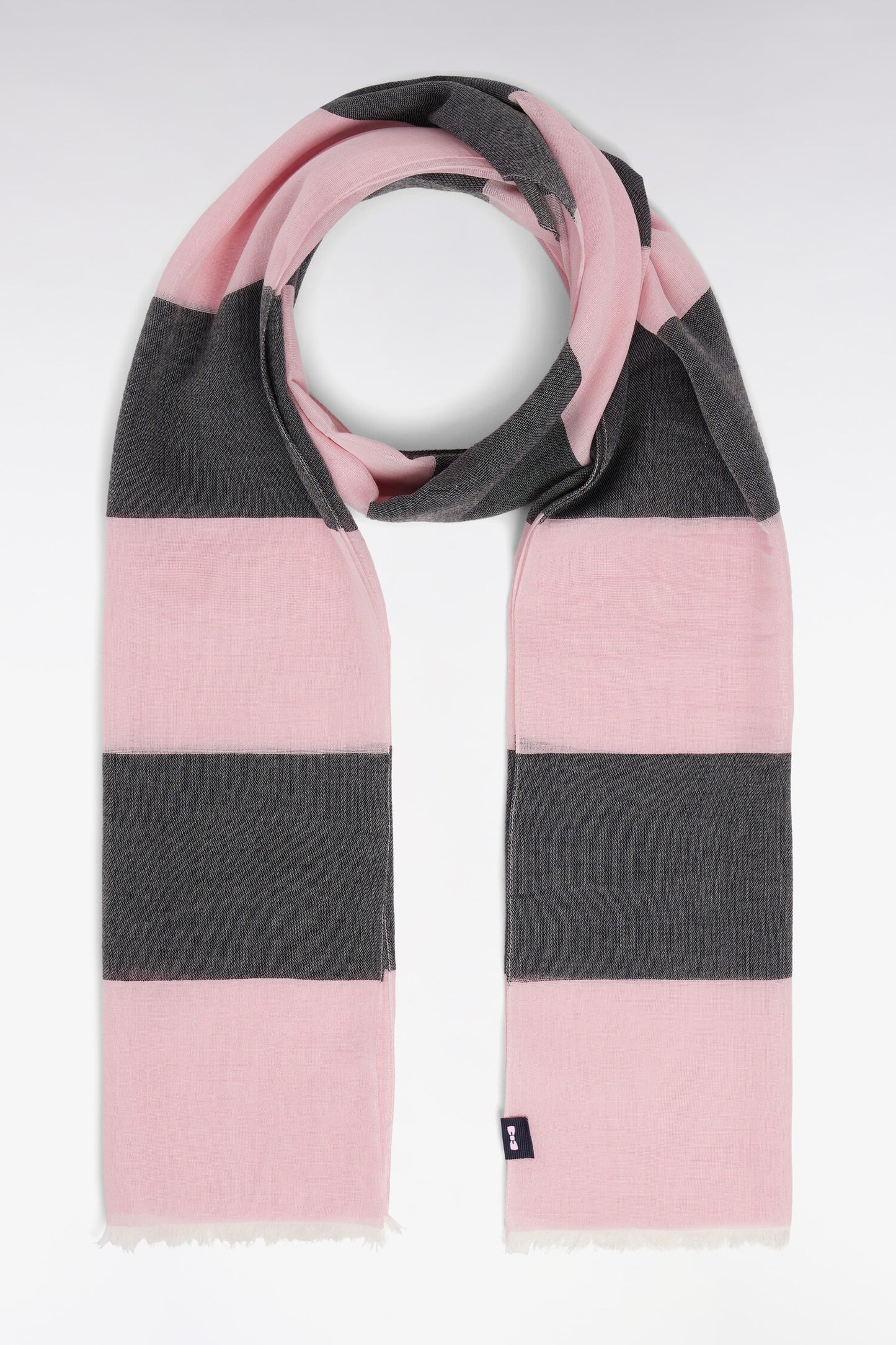 Pink and navy striped cotton and viscose blend scarf