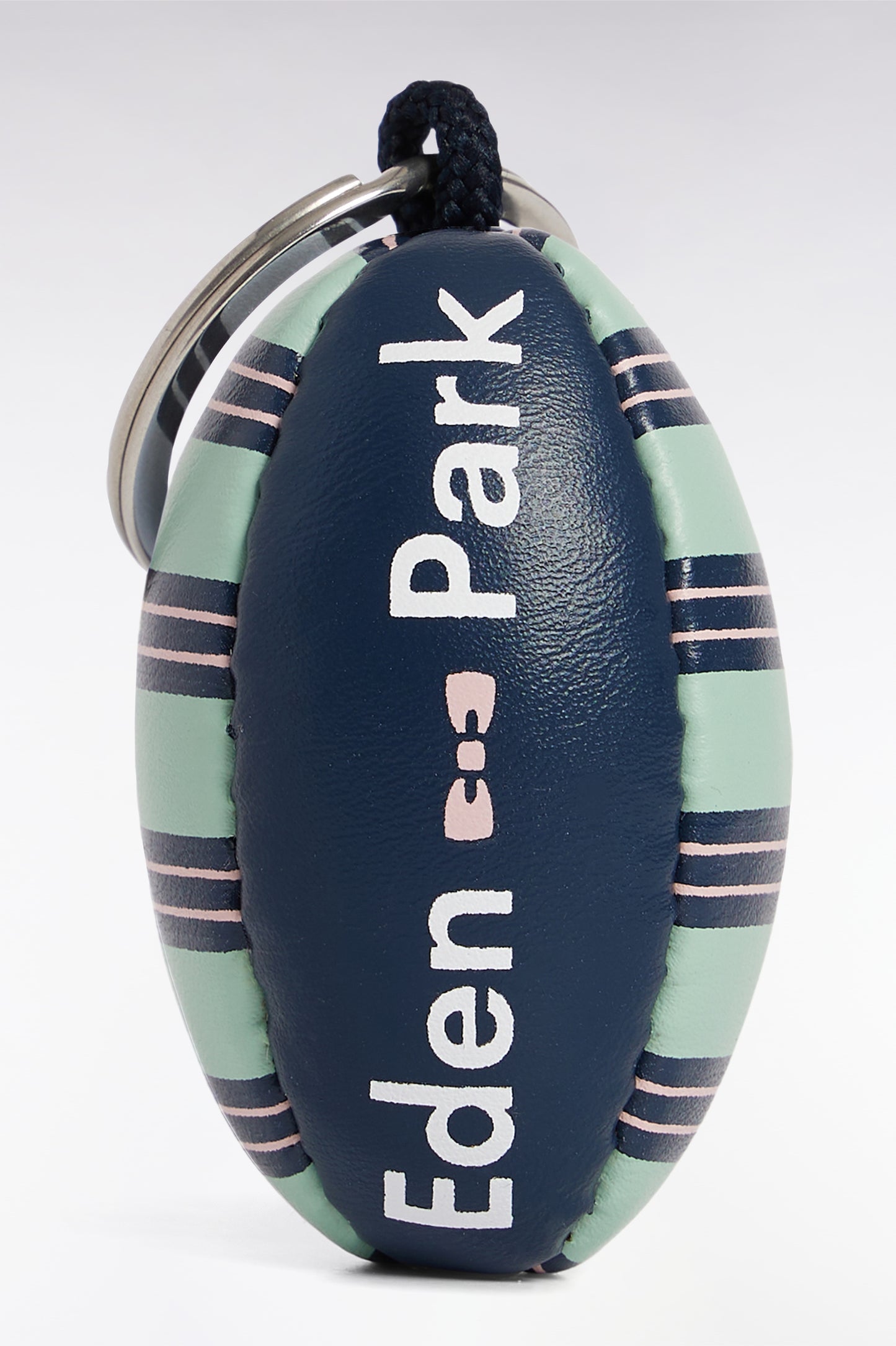 Rugby ball key ring with sea green and navy stripes