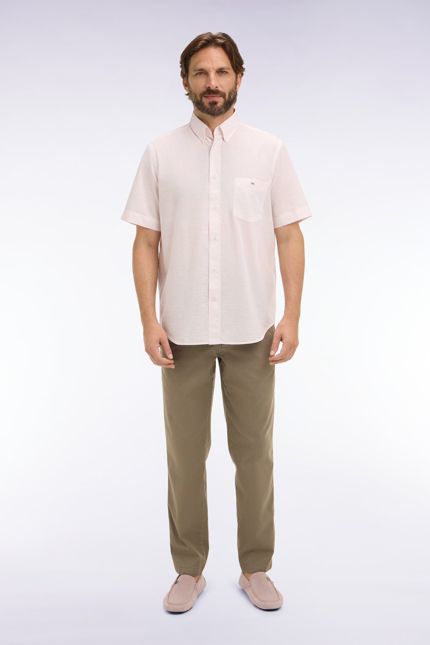 Beige cotton and lyocell elastic waist chino pants