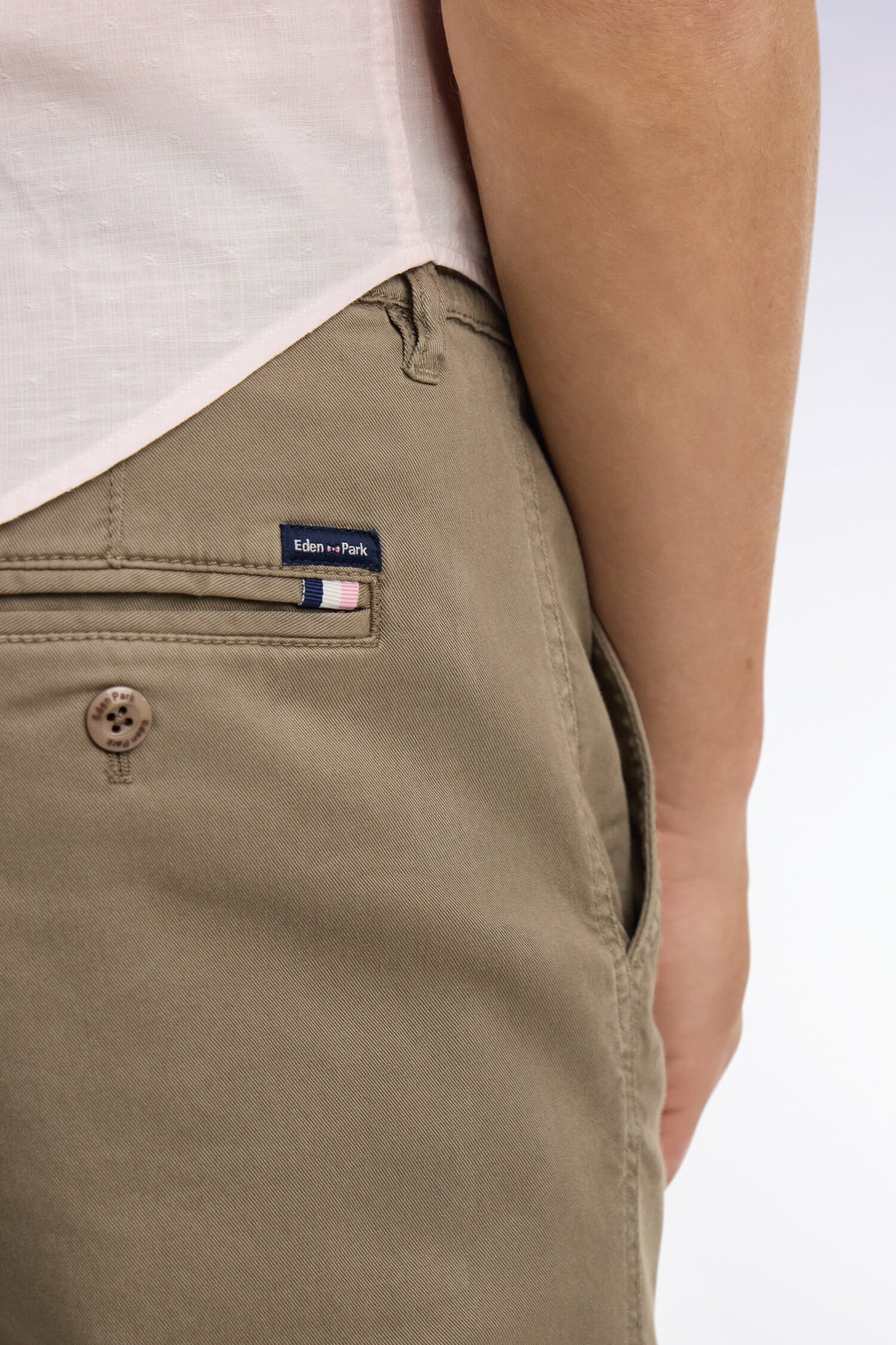 Beige cotton and lyocell elastic waist chino pants