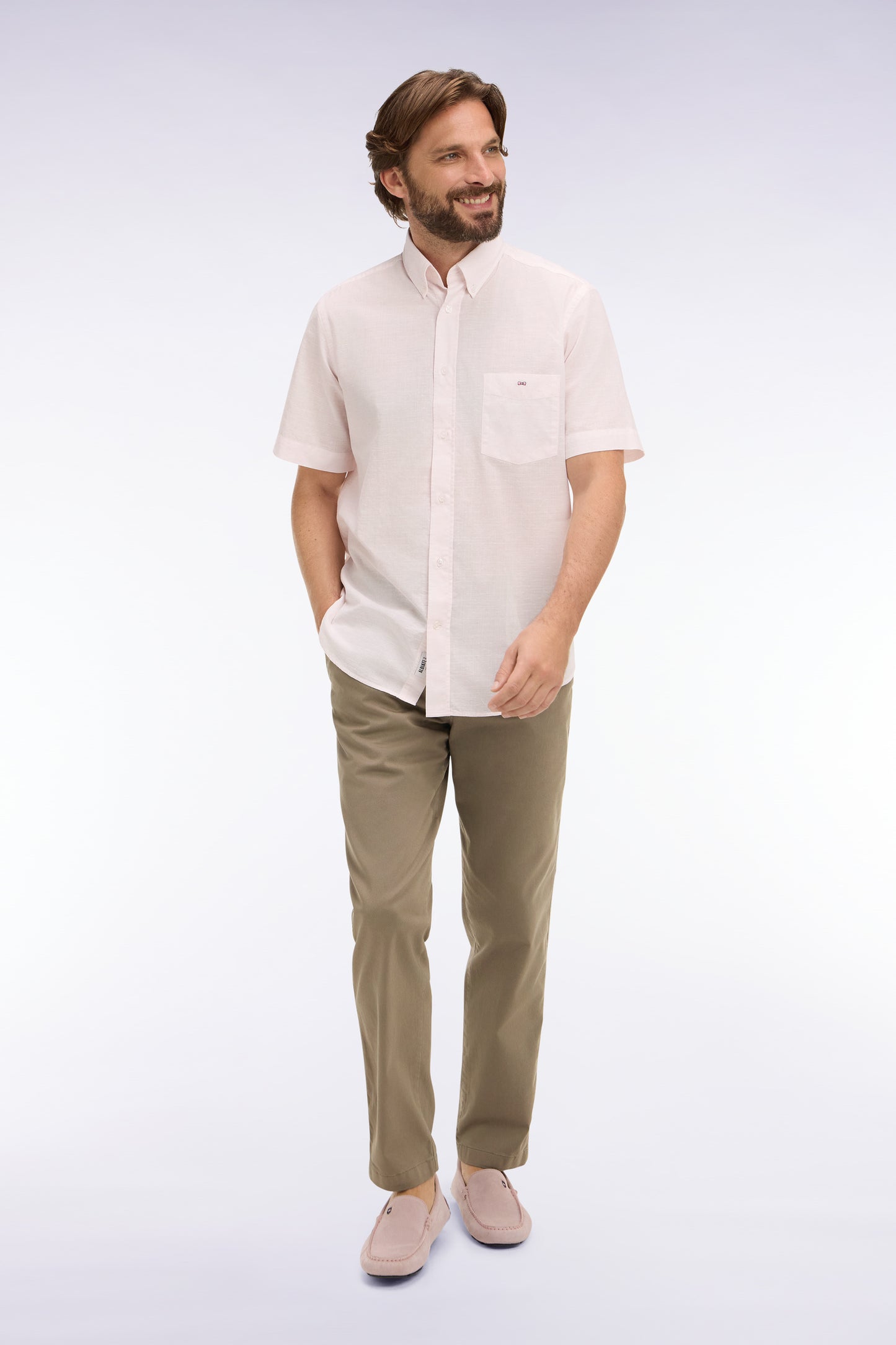 Beige cotton and lyocell elastic waist chino pants