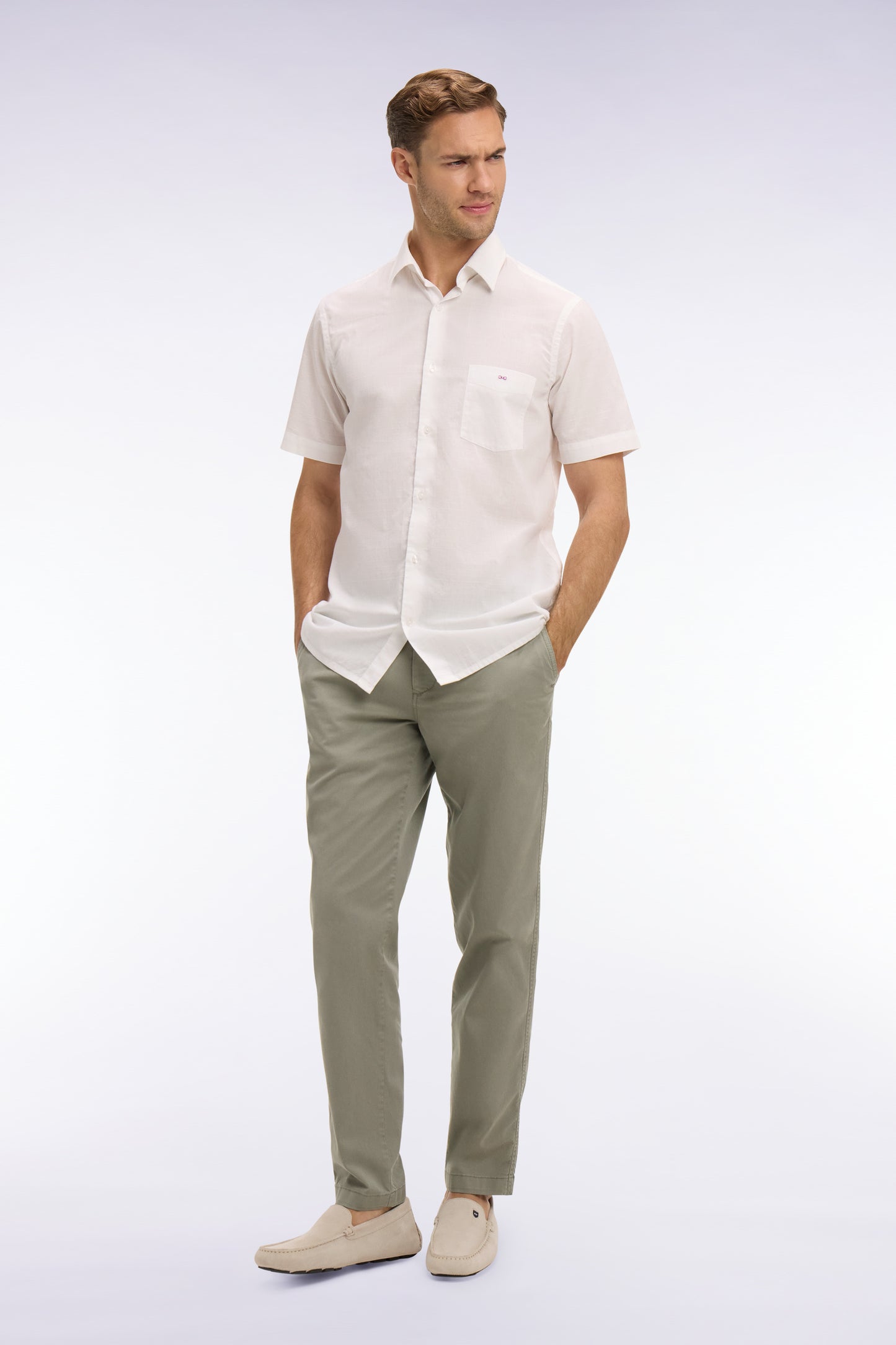 Khaki cotton and lyocell elastic waist chino pants