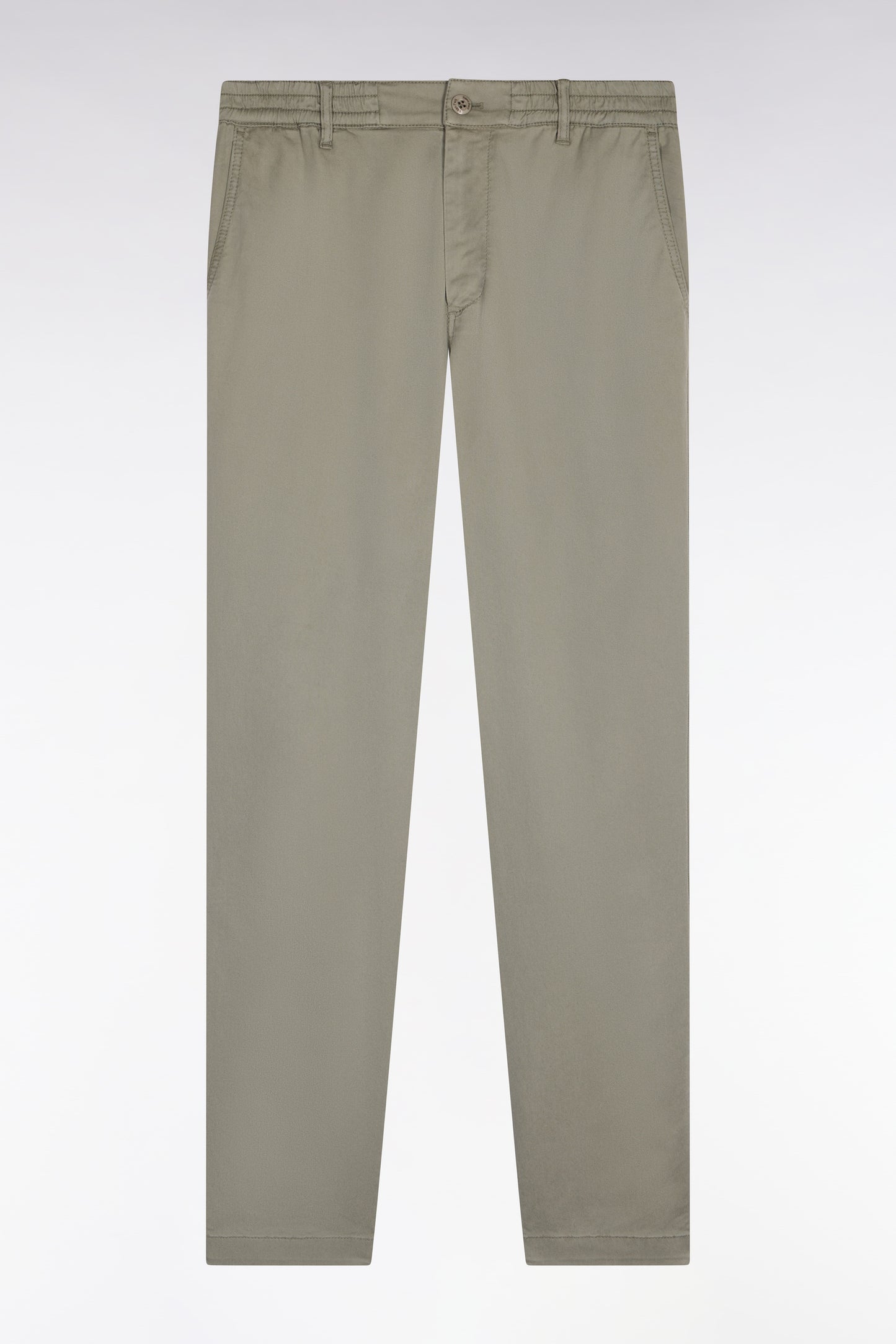 Khaki cotton and lyocell elastic waist chino pants