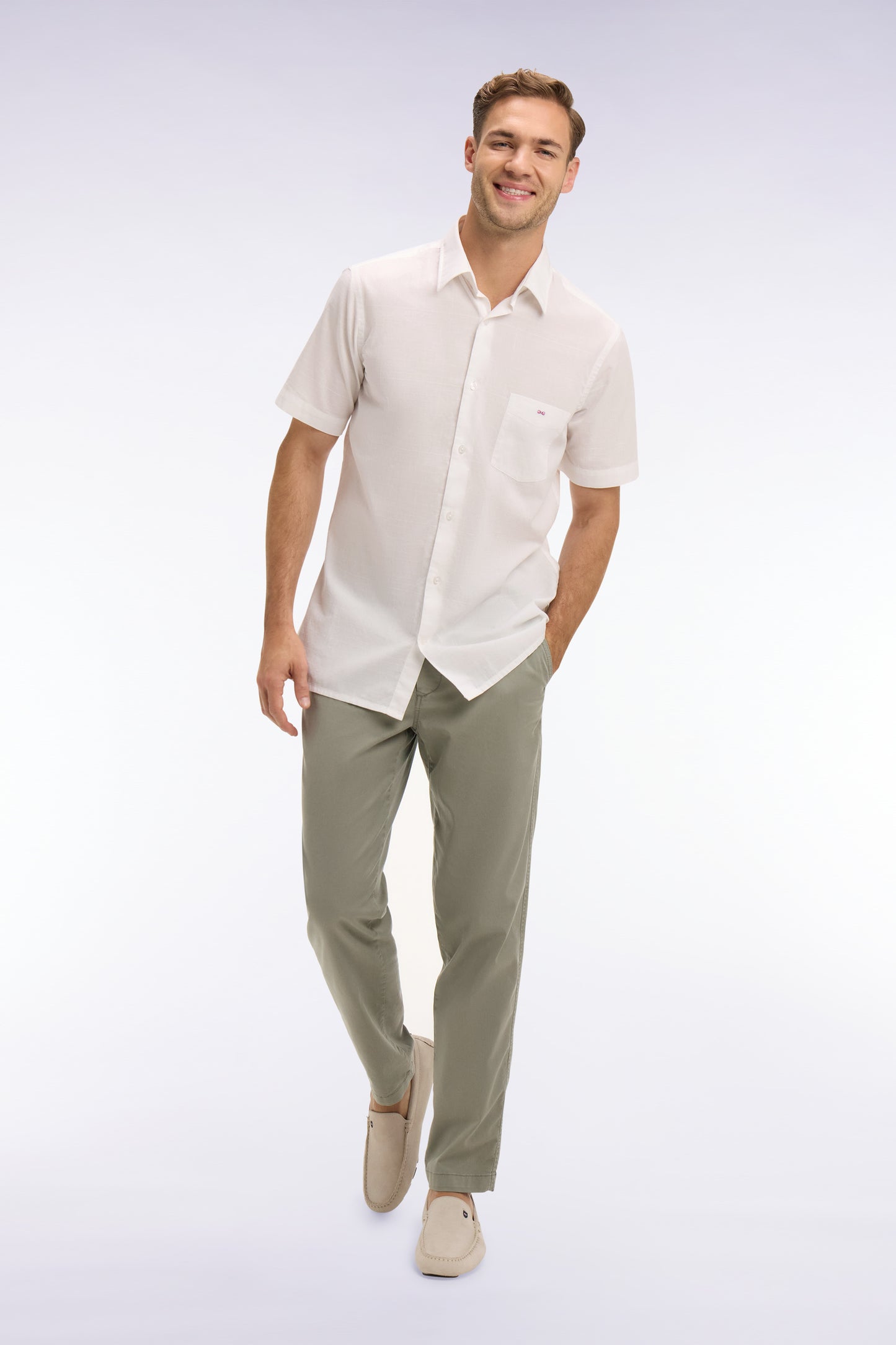 Khaki cotton and lyocell elastic waist chino pants