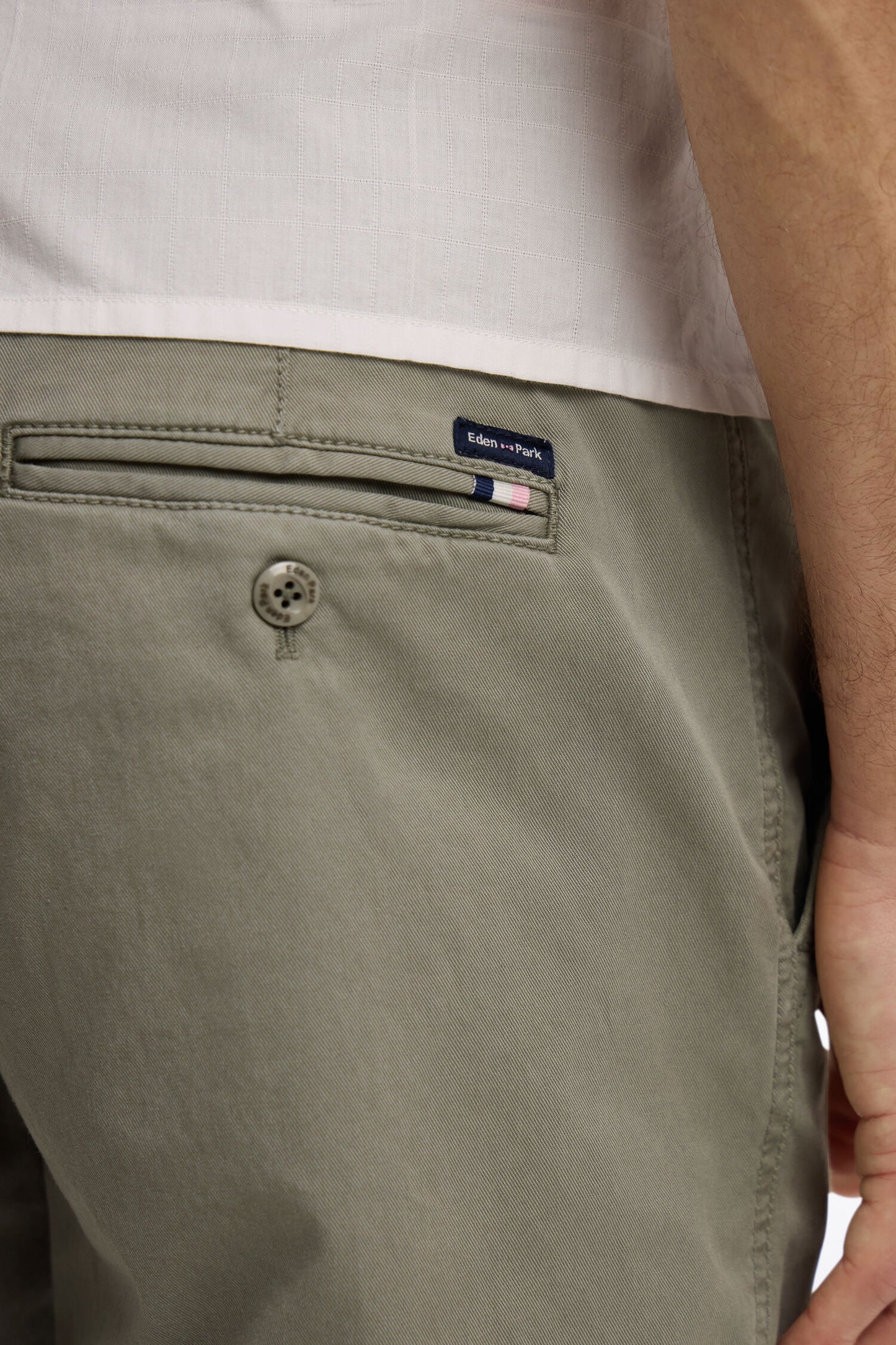 Khaki cotton and lyocell elastic waist chino pants