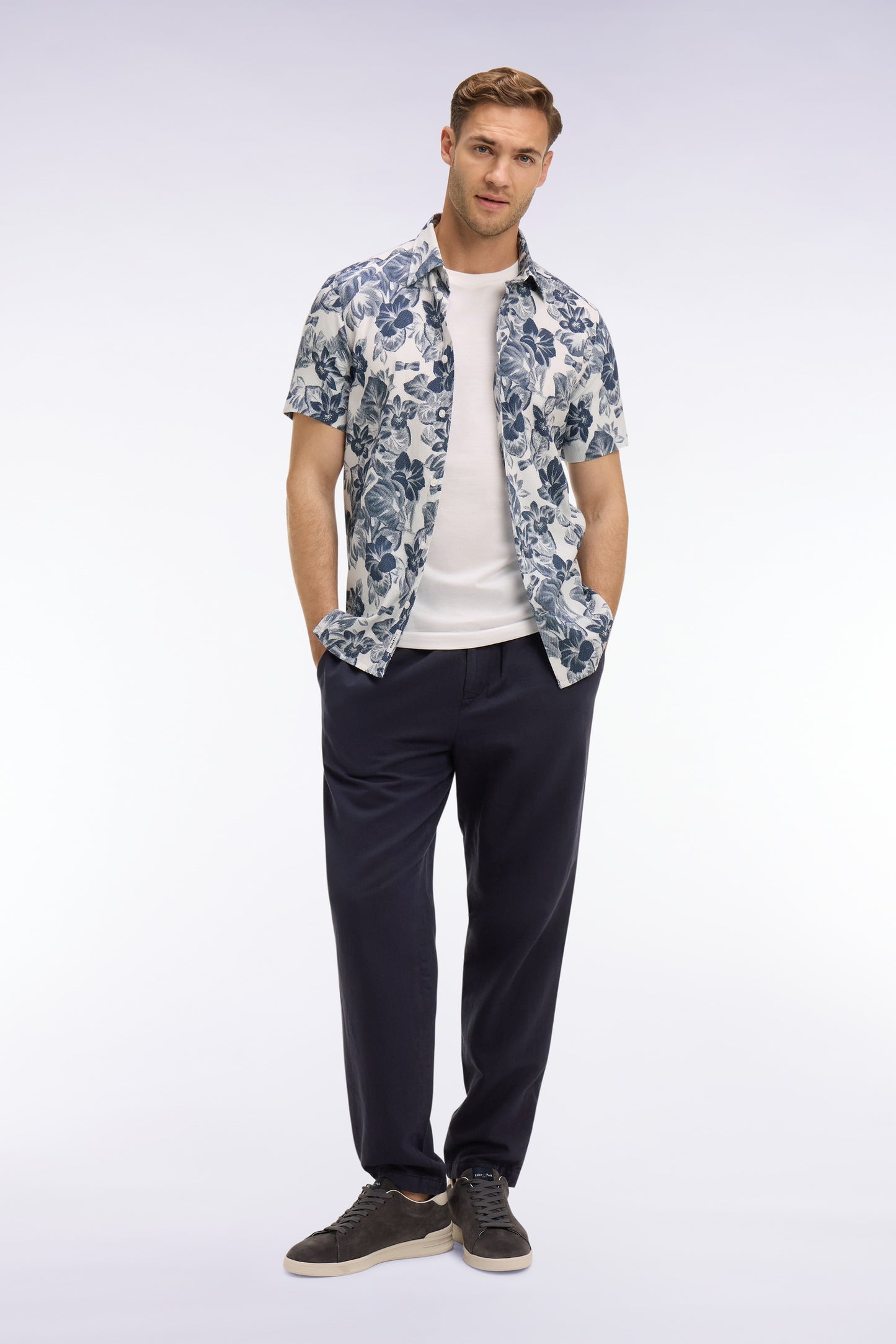 Modern fit navy cotton linen and lyocell pants