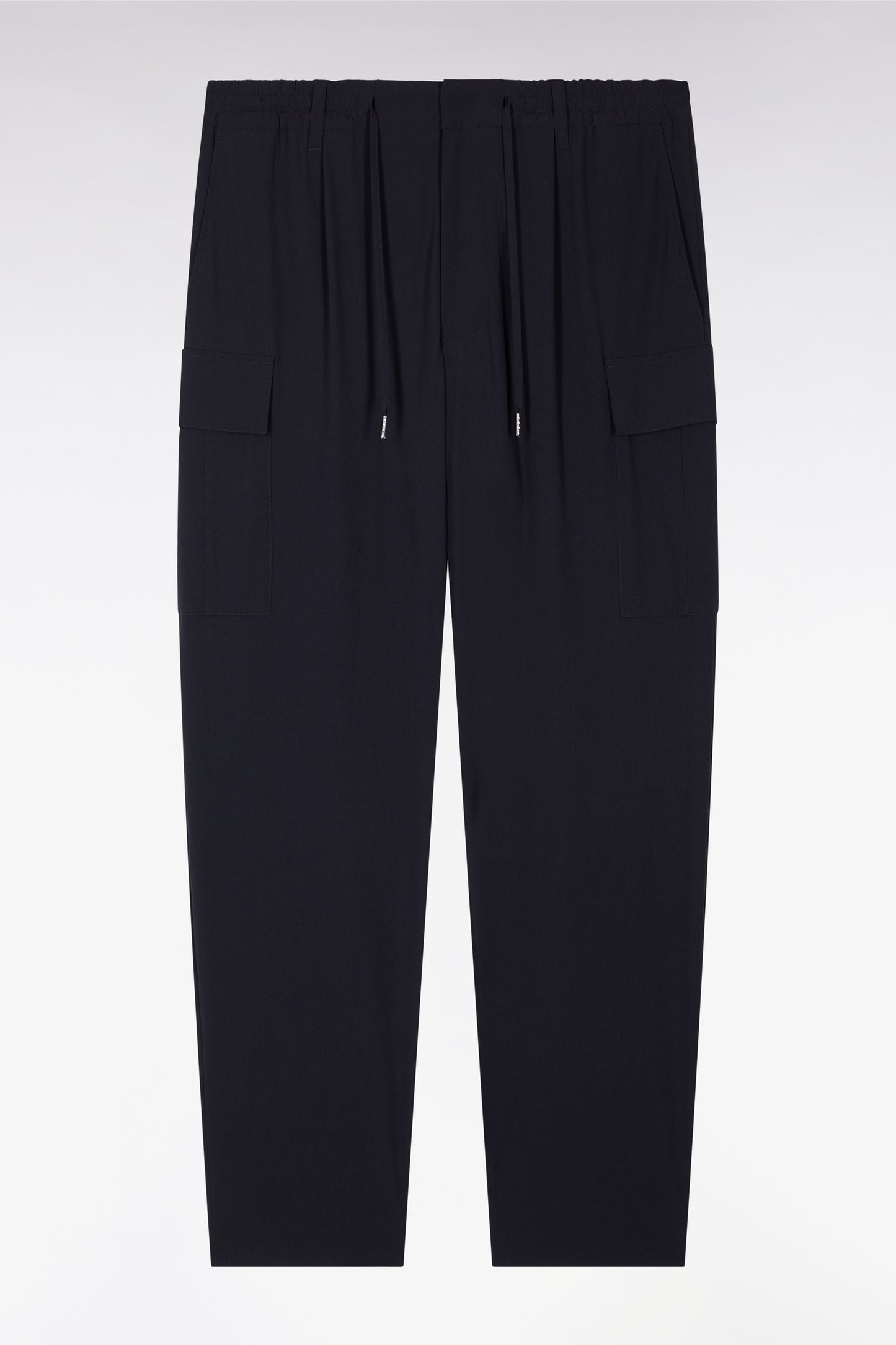 Modern cut navy technical fabric cargo pocket pants