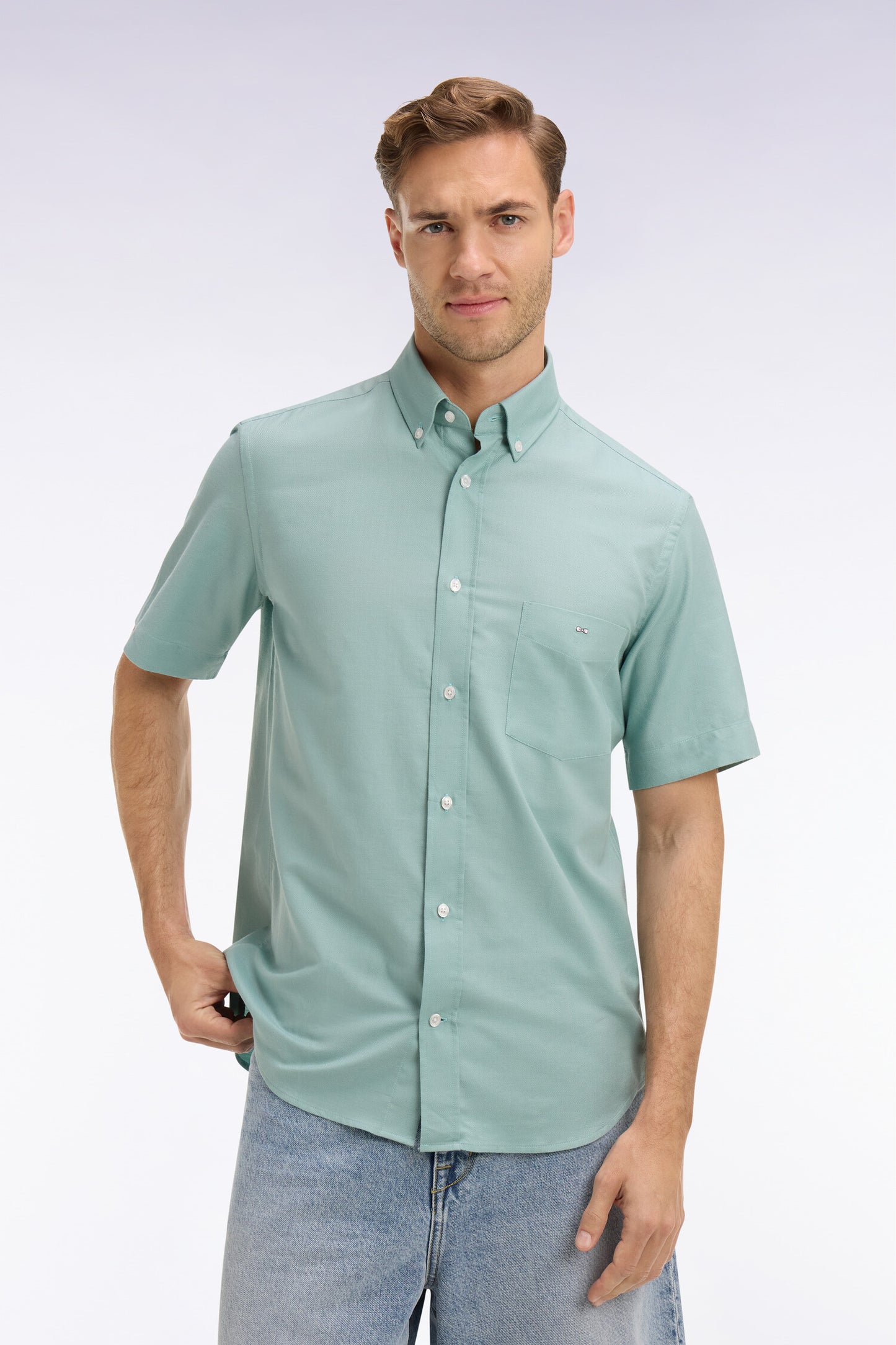 Short-sleeved shirt in sea green cotton pique