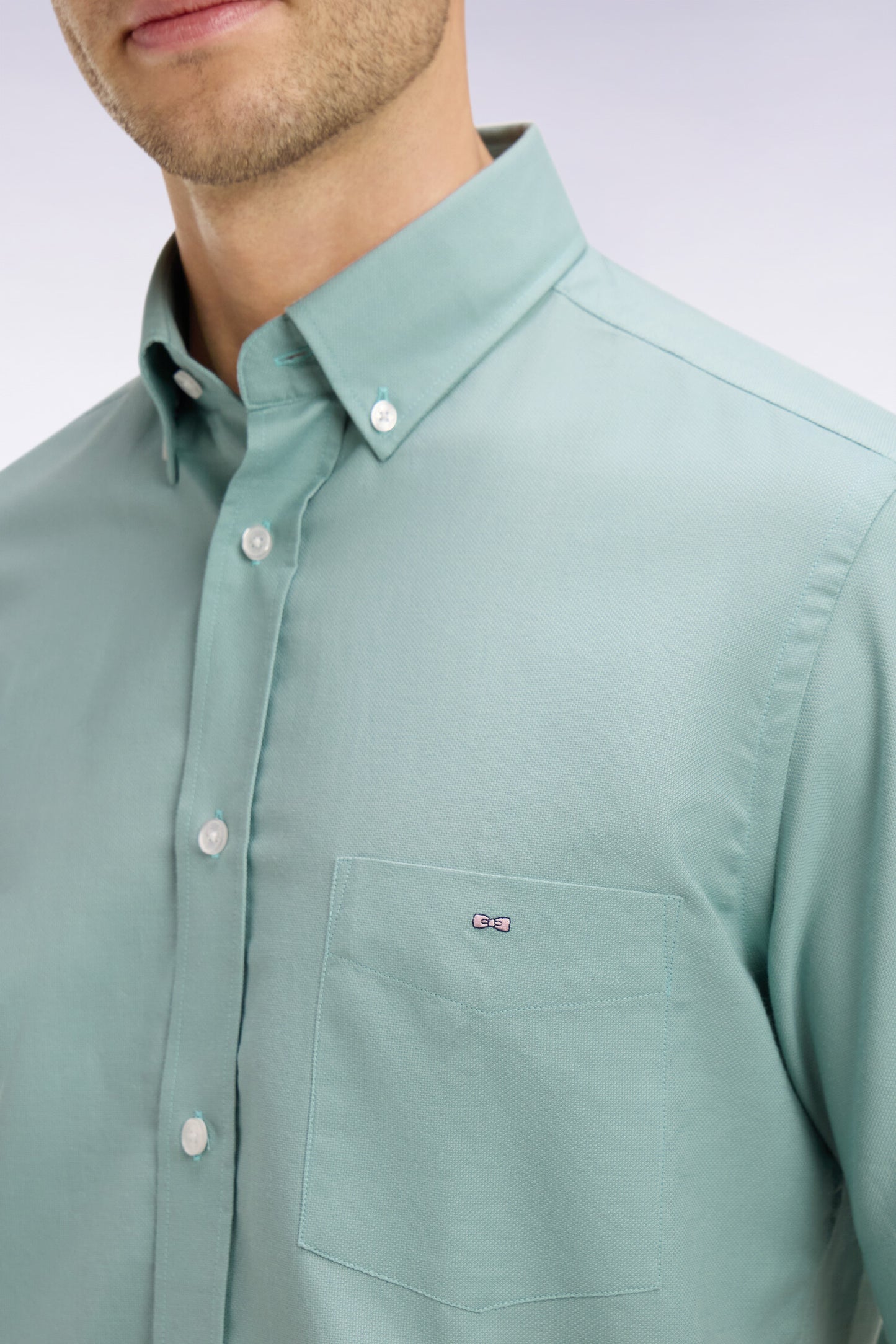 Short-sleeved shirt in sea green cotton pique