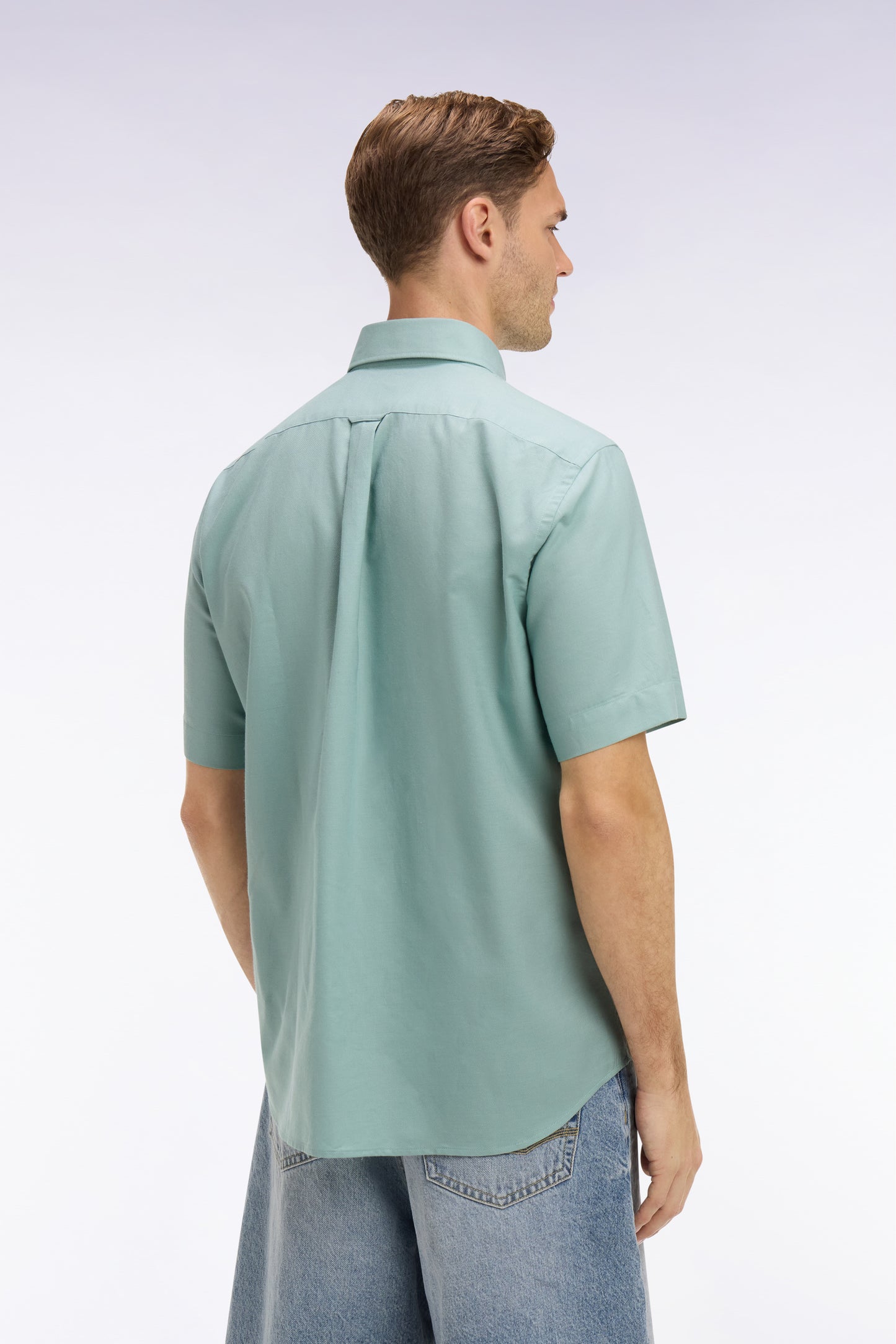 Short-sleeved shirt in sea green cotton pique