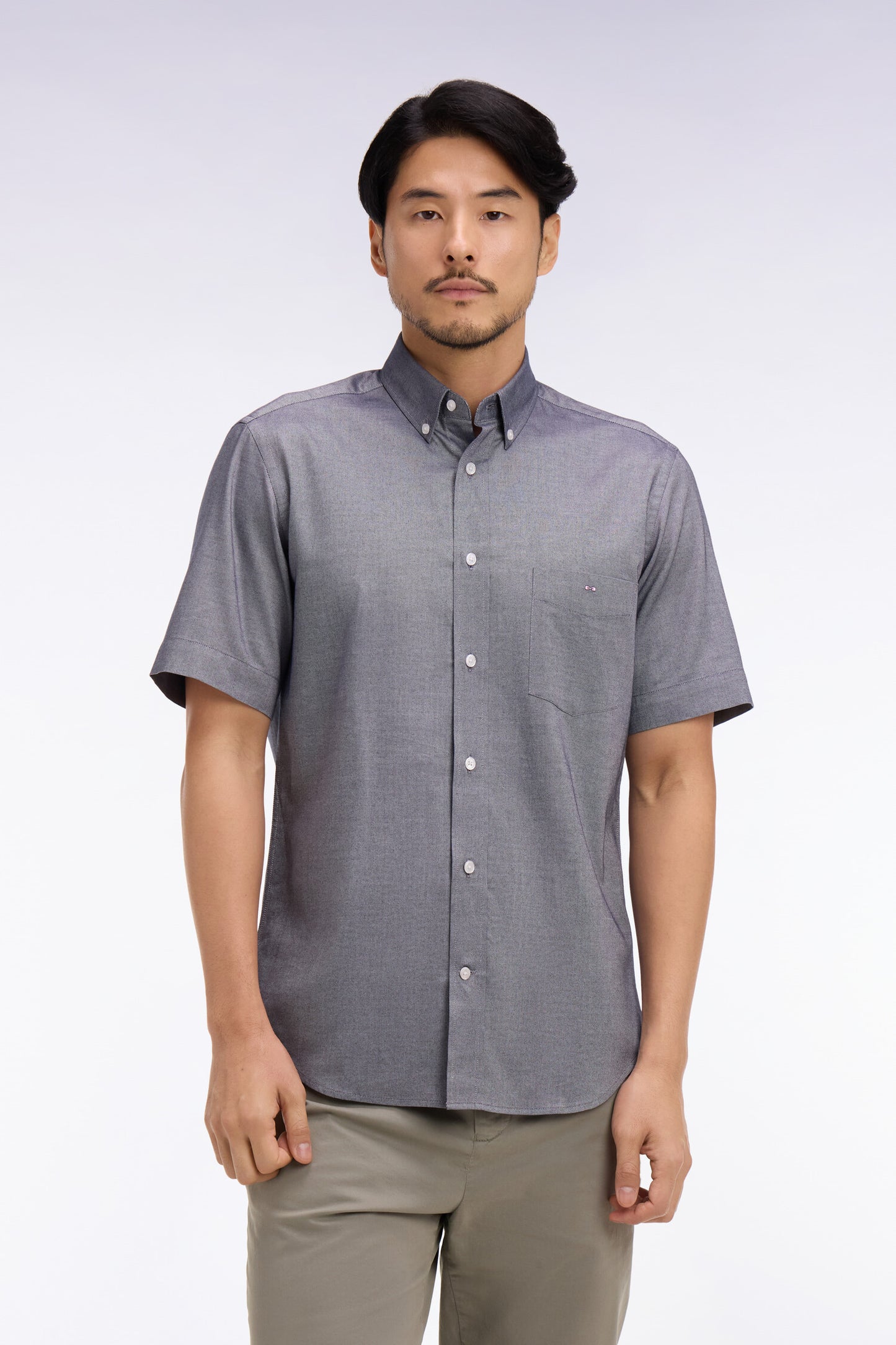 Short-sleeved shirt in navy yarn-dyed cotton