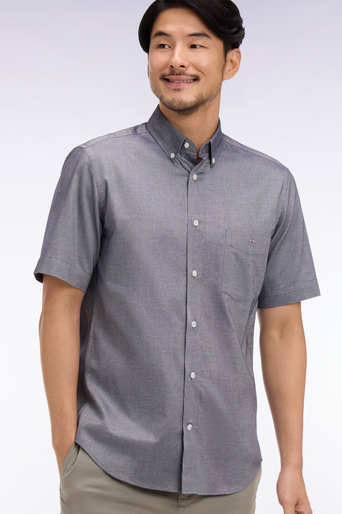 Short-sleeved shirt in navy yarn-dyed cotton