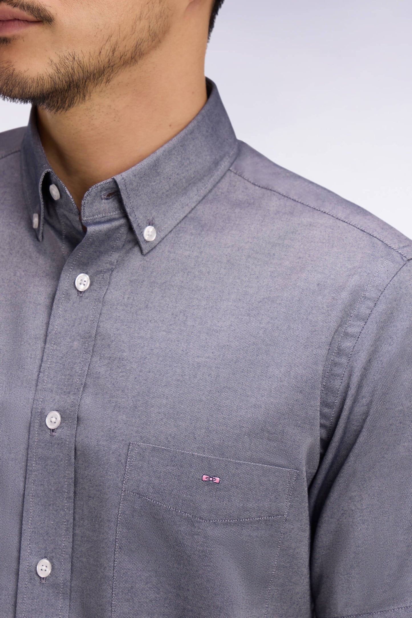 Short-sleeved shirt in navy yarn-dyed cotton