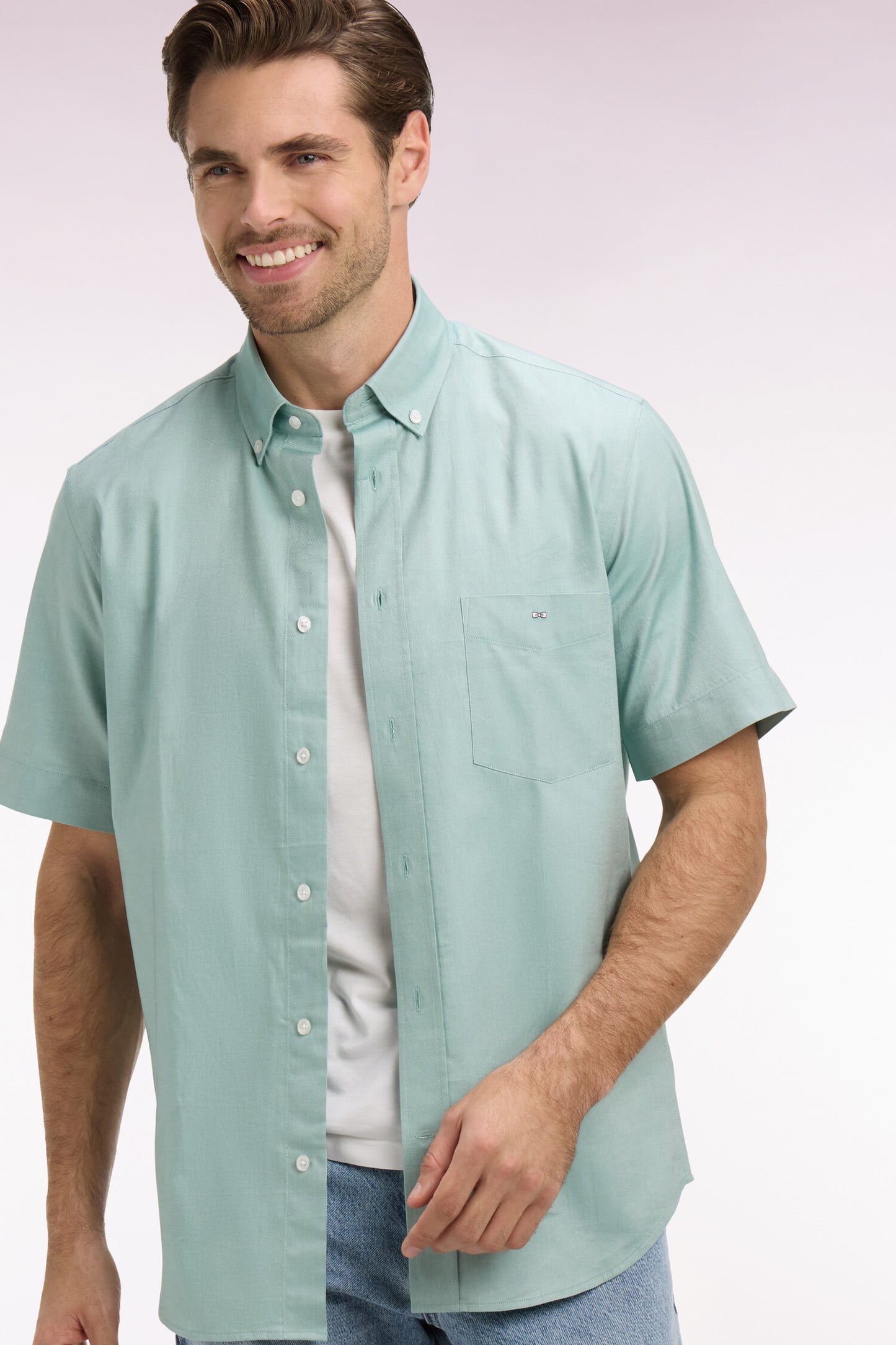 Short-sleeved shirt in sea green yarn-dyed cotton
