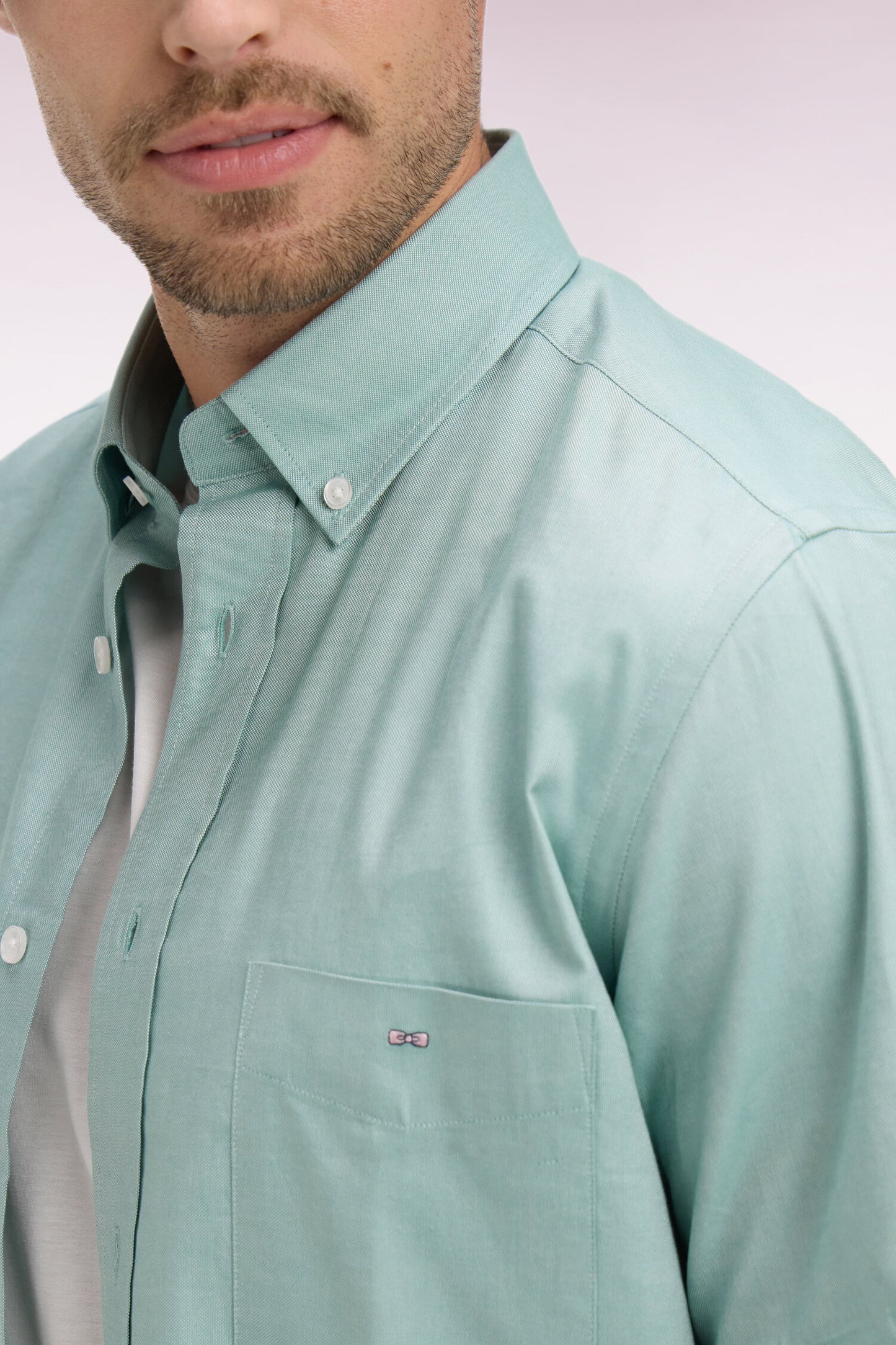 Short-sleeved shirt in sea green yarn-dyed cotton