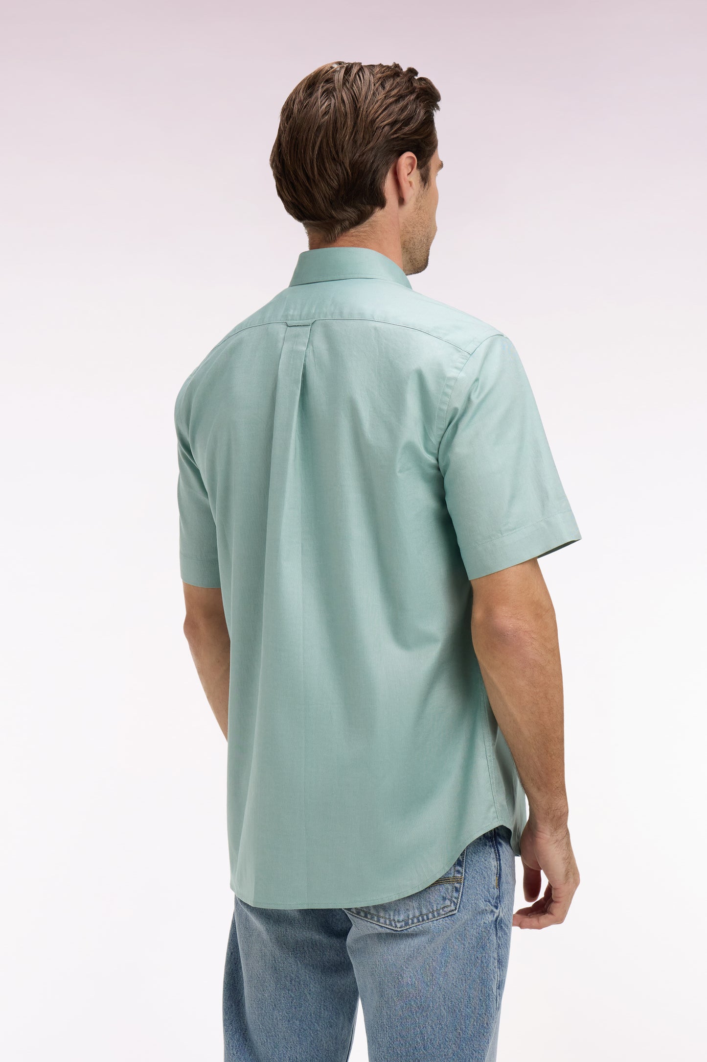 Short-sleeved shirt in sea green yarn-dyed cotton