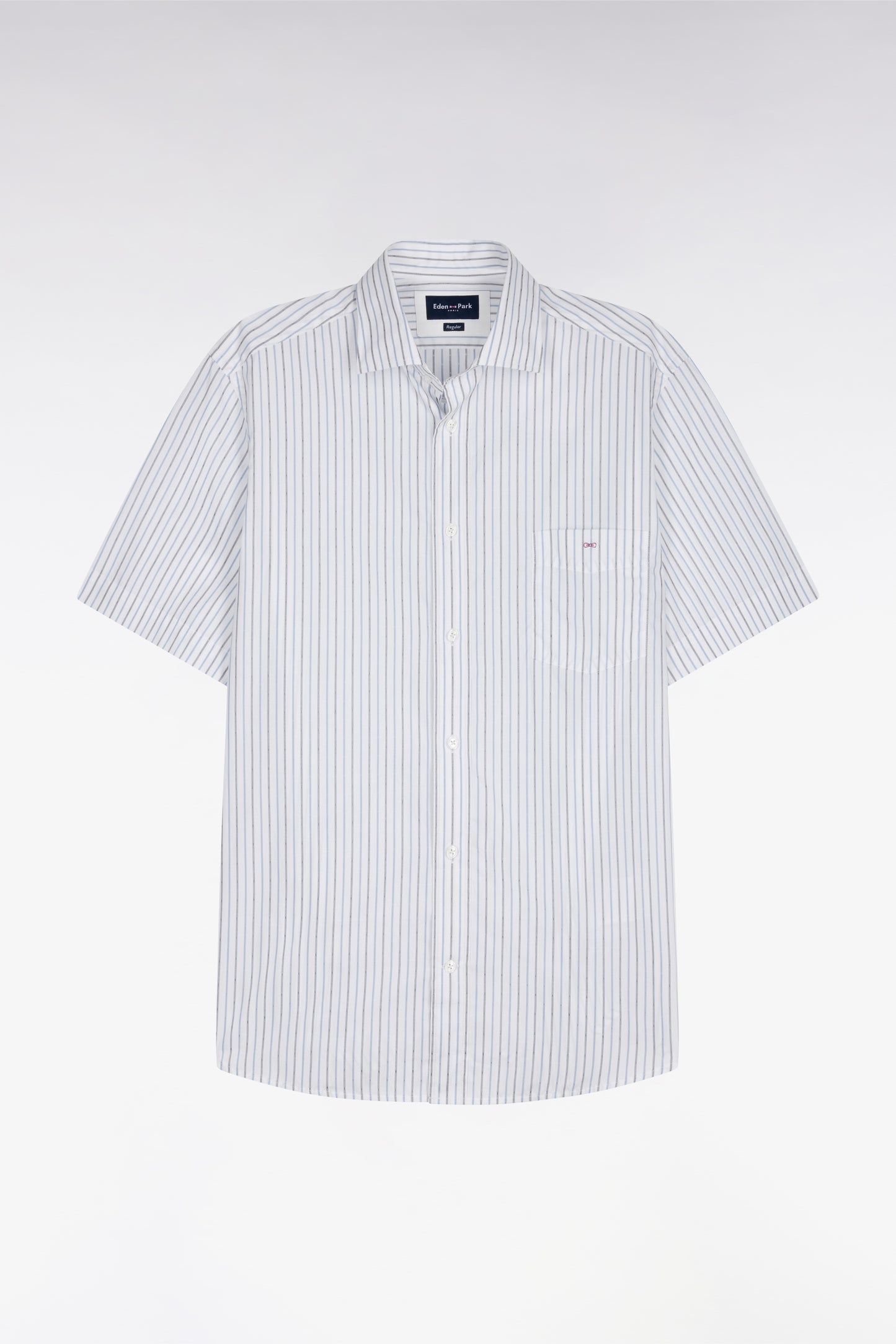 Short-sleeved shirt in sky blue striped cotton dobby