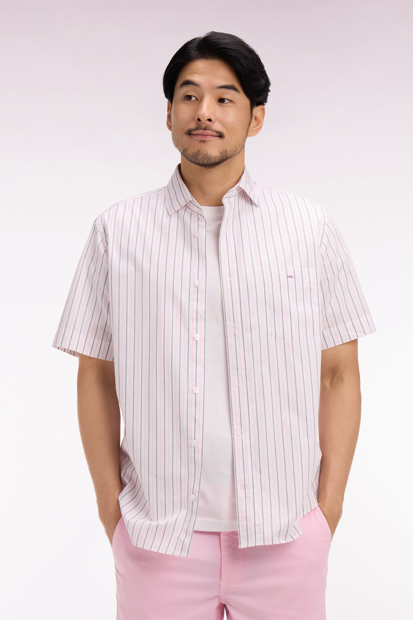 Short-sleeve shirt in pink striped cotton dobby