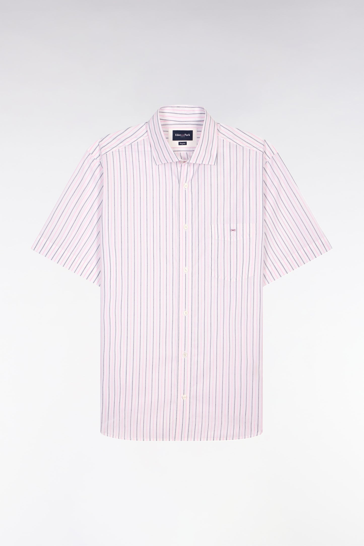 Short-sleeve shirt in pink striped cotton dobby