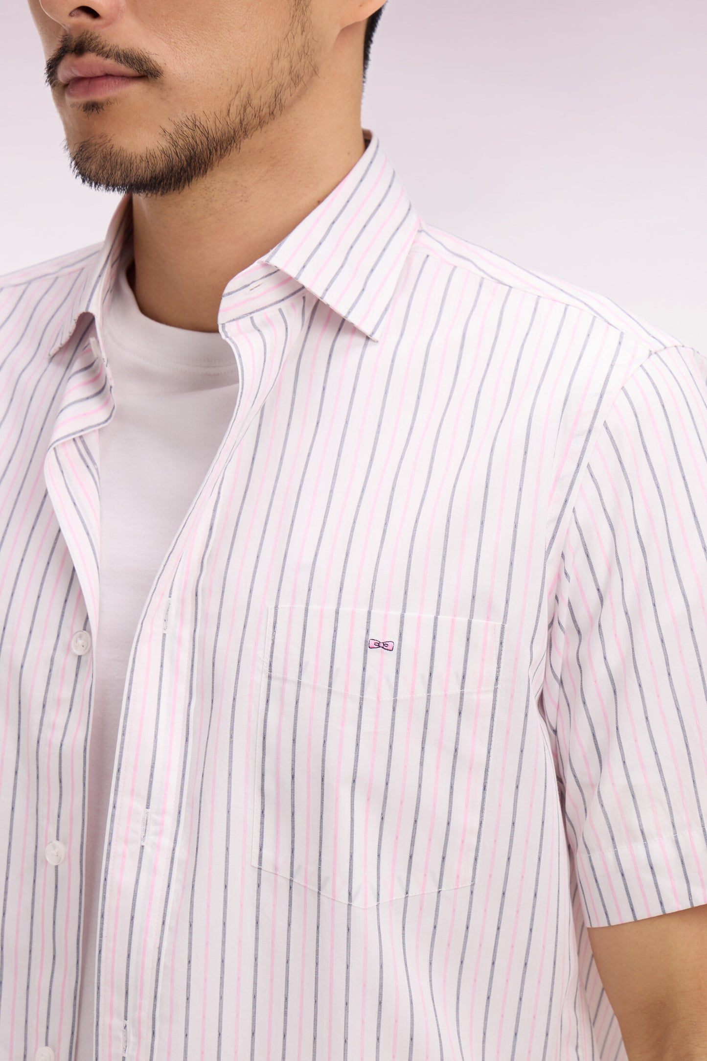 Short-sleeve shirt in pink striped cotton dobby