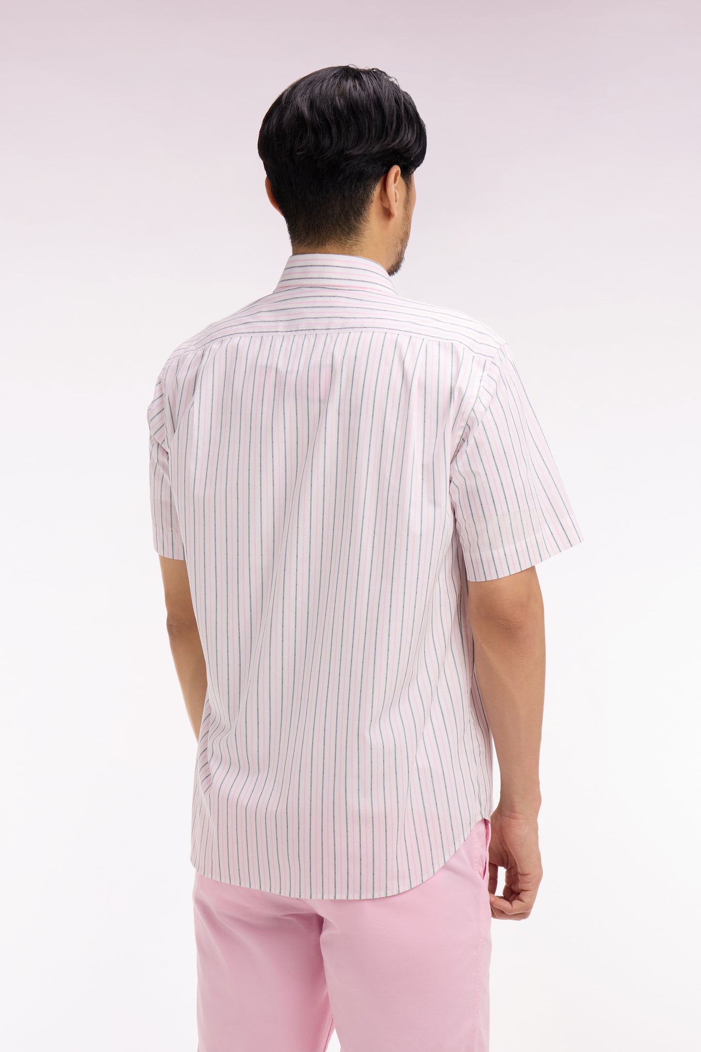 Short-sleeve shirt in pink striped cotton dobby