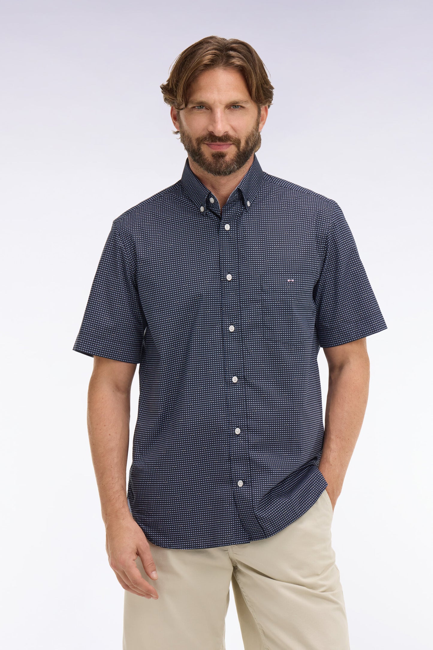 Short-sleeved navy cotton shirt with sky blue micro-patterns