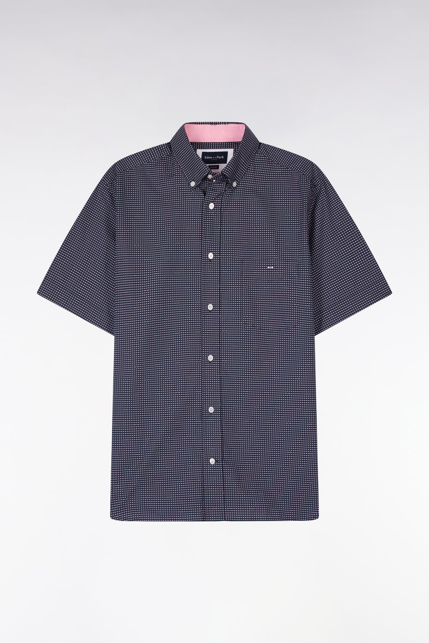 Short-sleeved navy cotton shirt with pink micro-patterns
