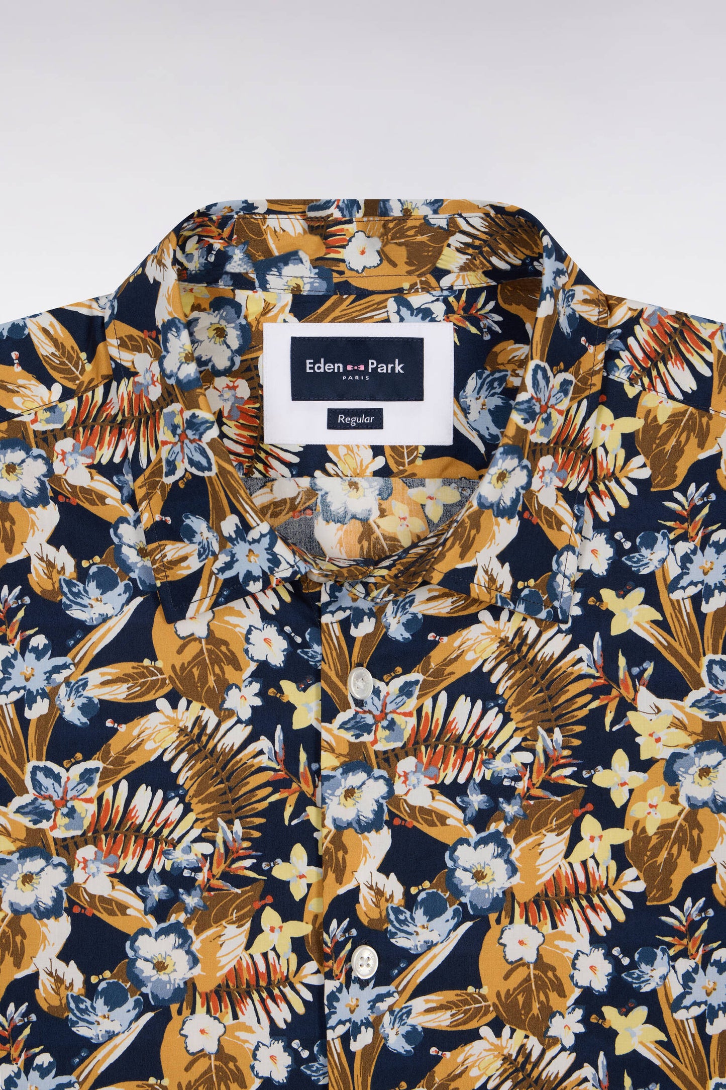 Short-sleeve cotton poplin shirt with yellow floral pattern