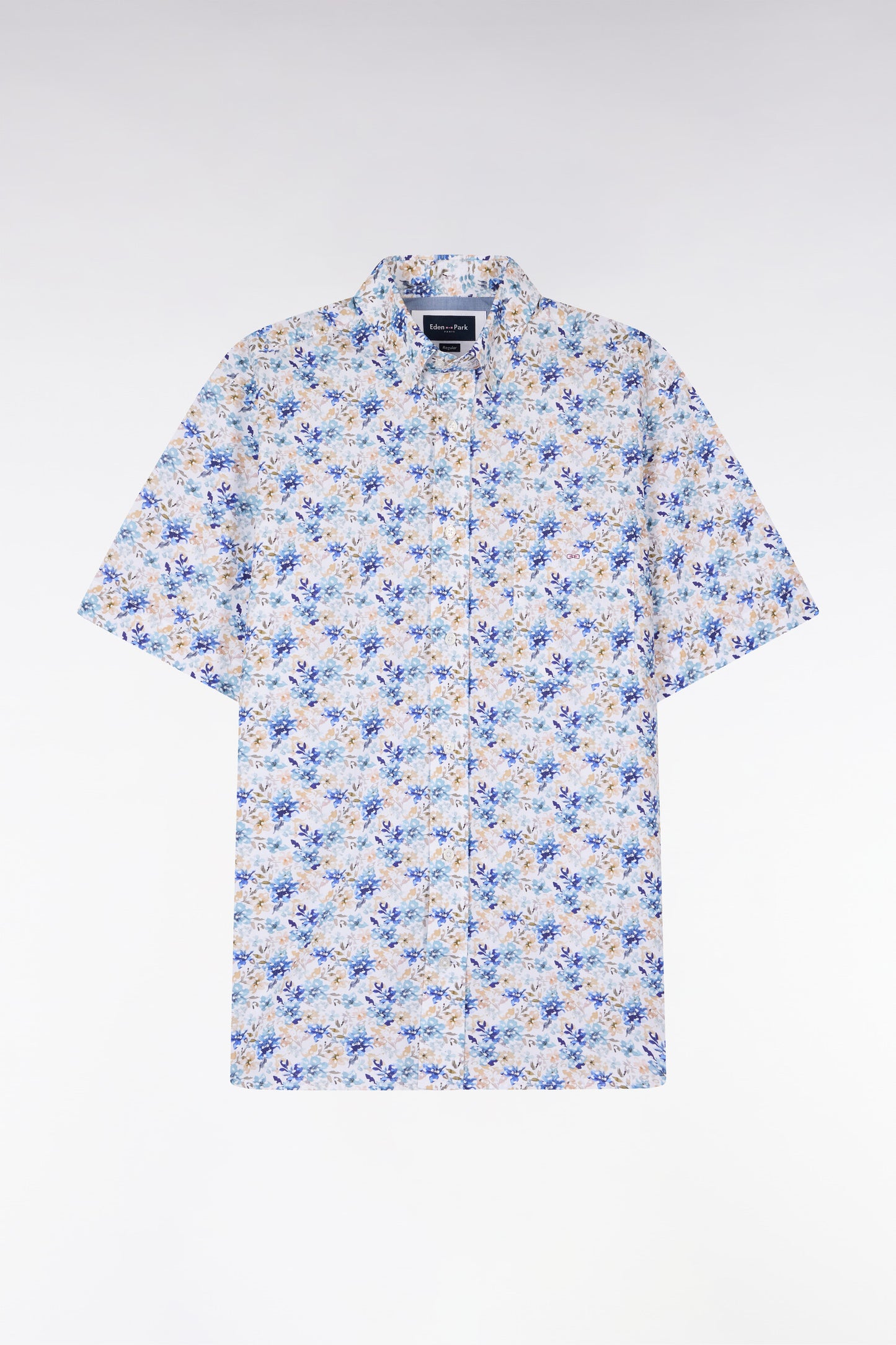Chemise à manches courtes en popeline et chambray à motif floral bleu