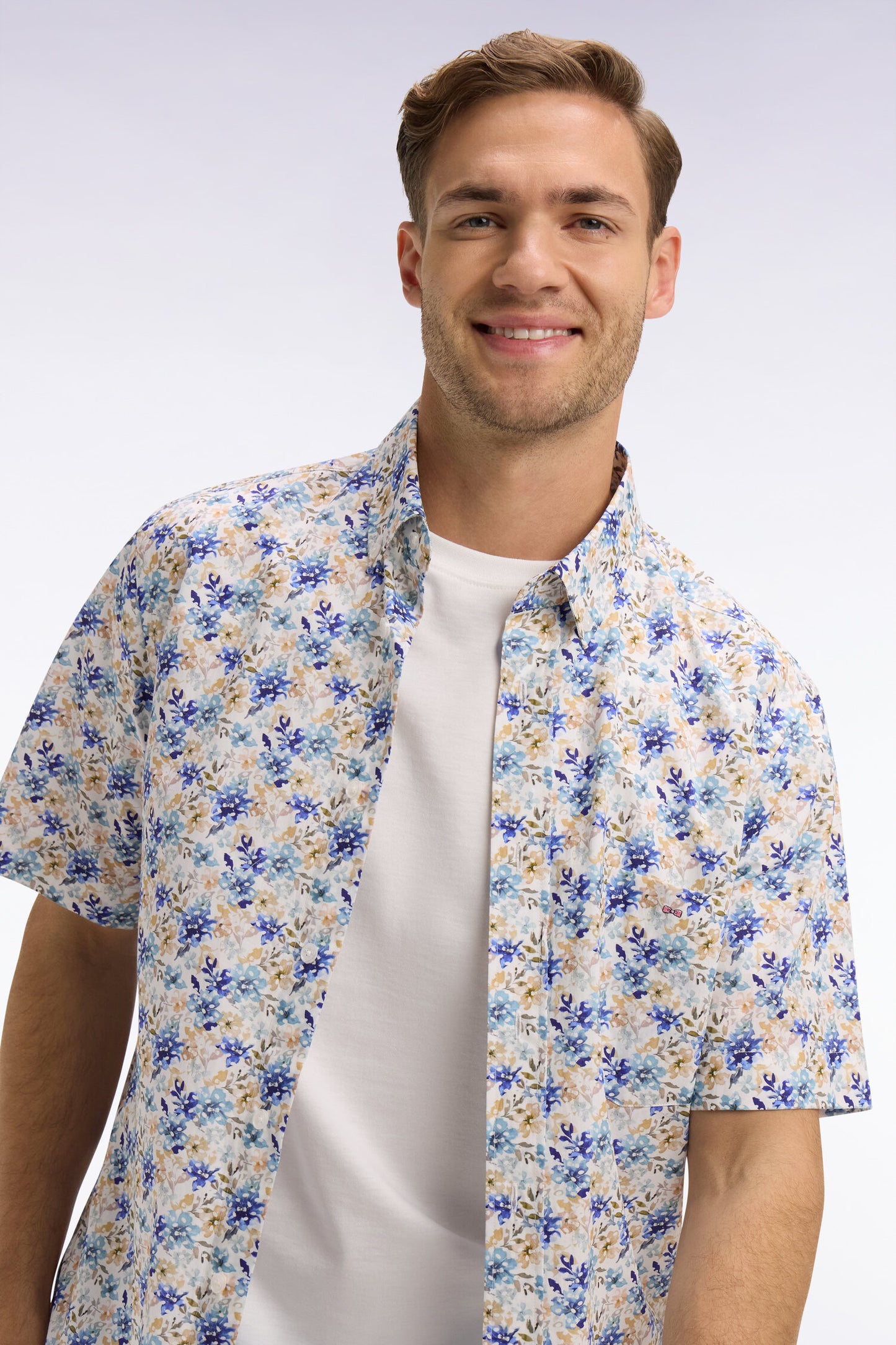 Chemise à manches courtes en popeline et chambray à motif floral bleu