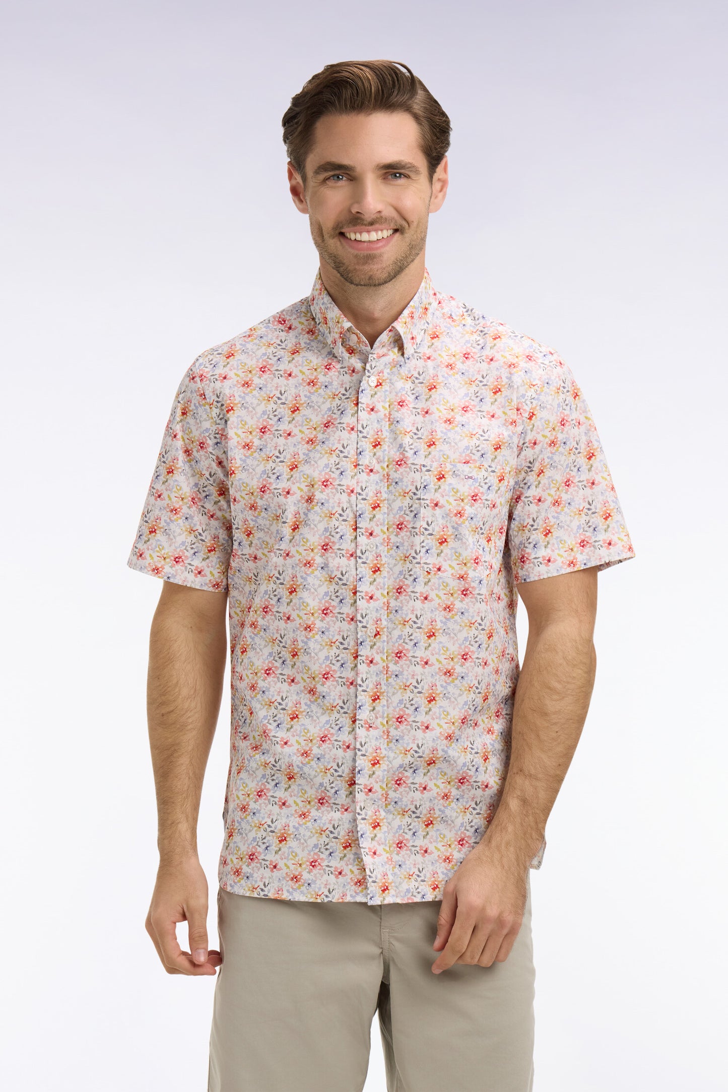 Orange floral poplin and chambray short-sleeve shirt