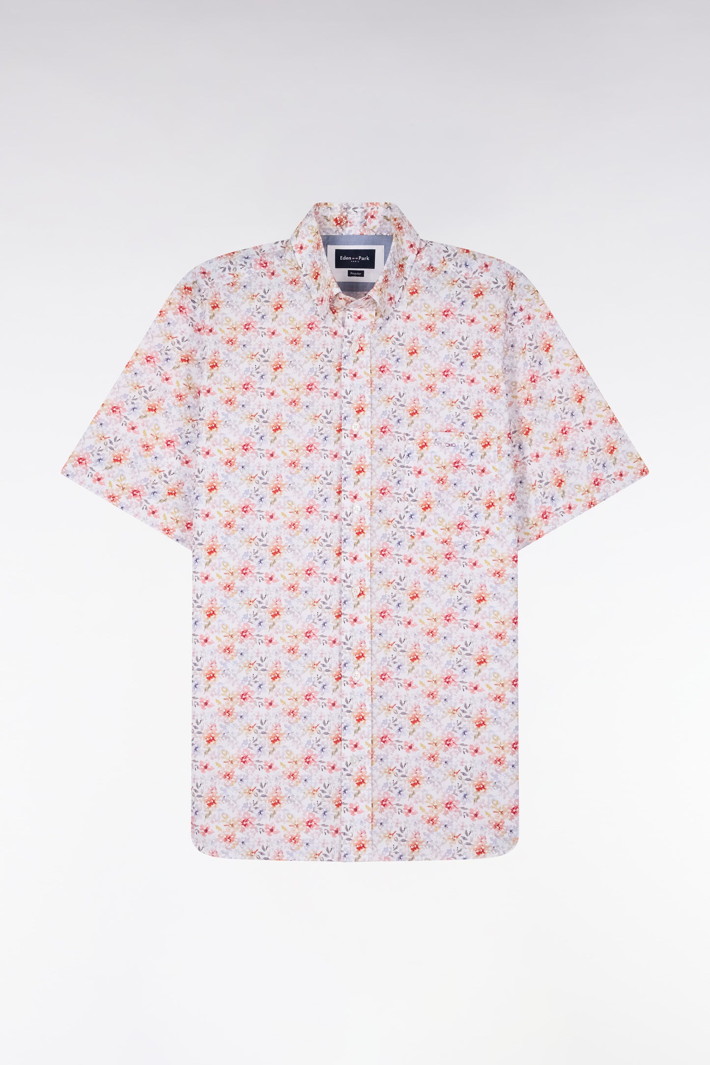 Orange floral poplin and chambray short-sleeve shirt