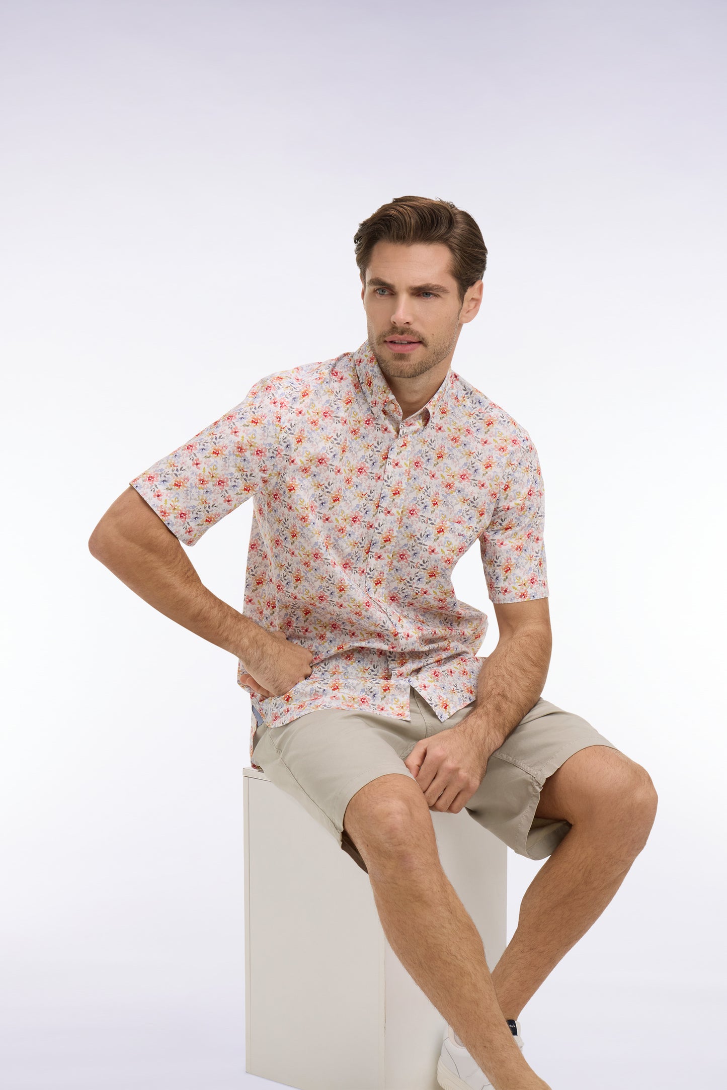 Orange floral poplin and chambray short-sleeve shirt
