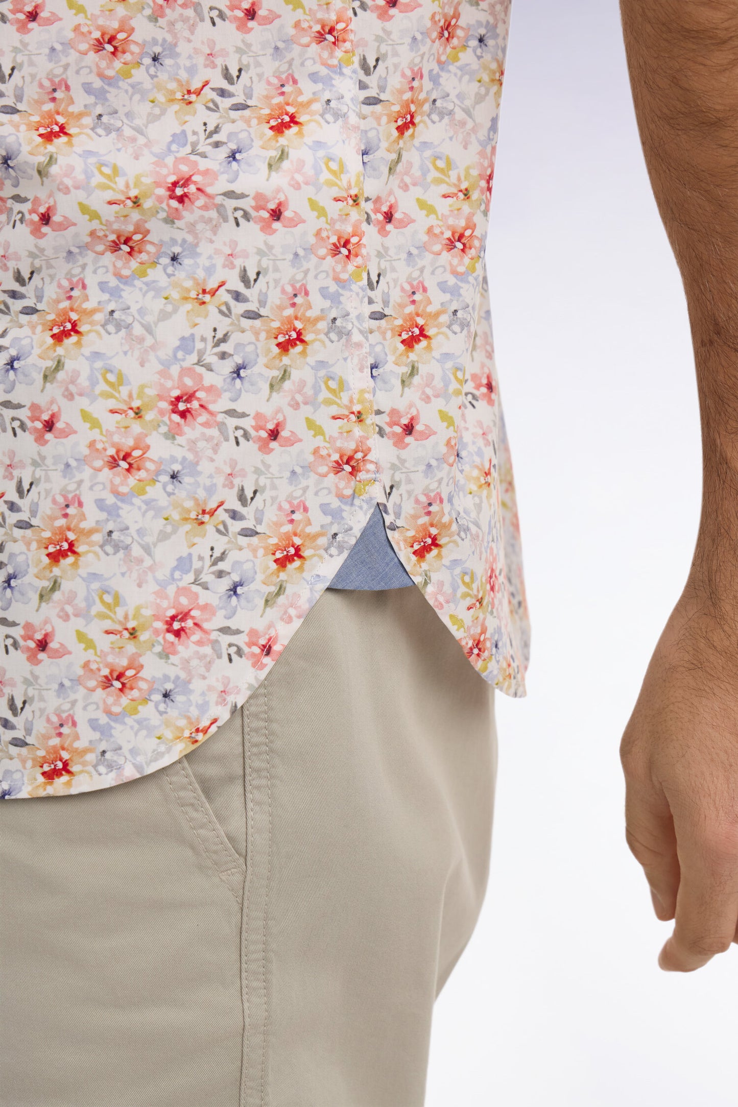 Orange floral poplin and chambray short-sleeve shirt