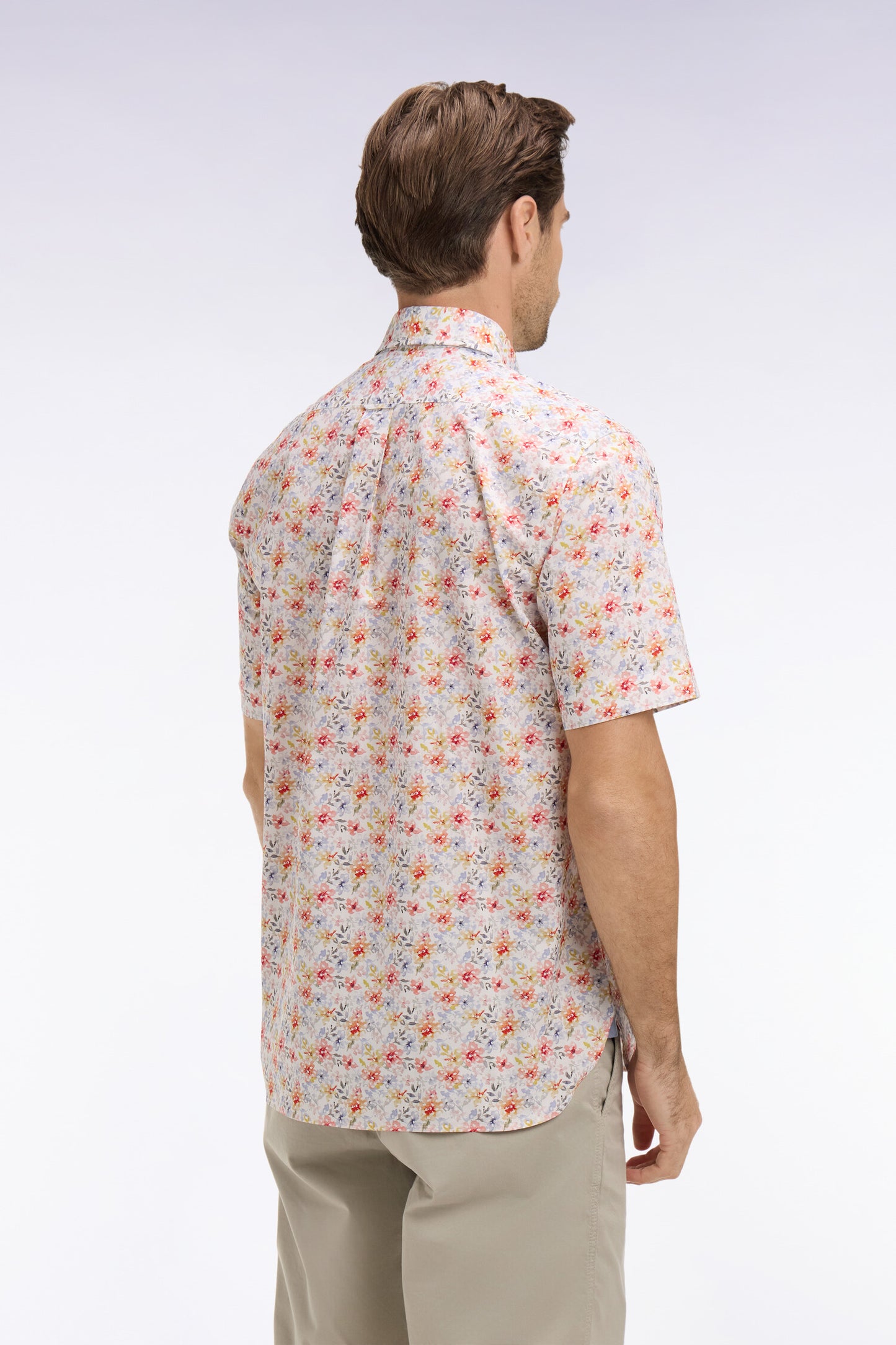 Orange floral poplin and chambray short-sleeve shirt