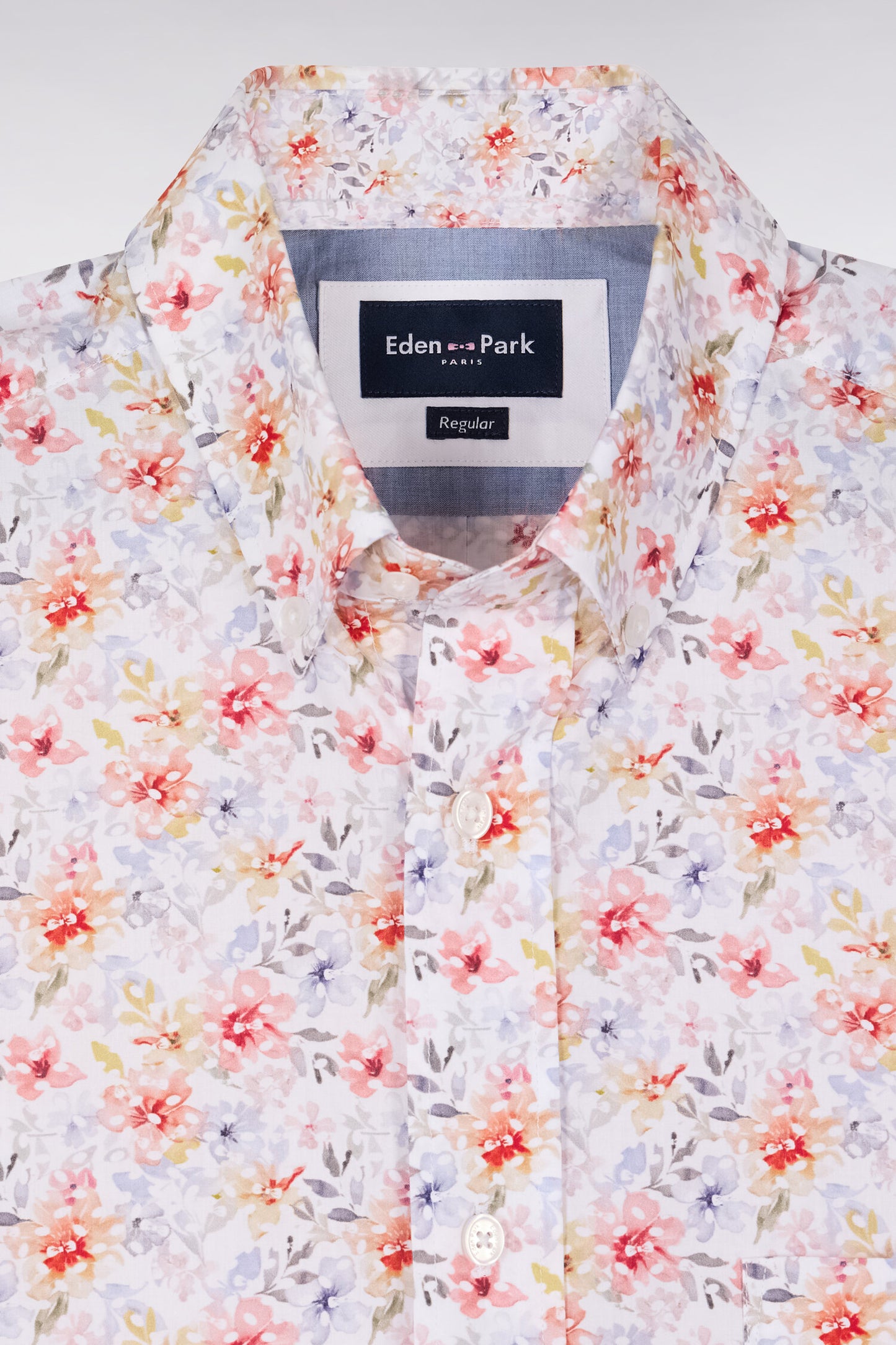 Orange floral poplin and chambray short-sleeve shirt