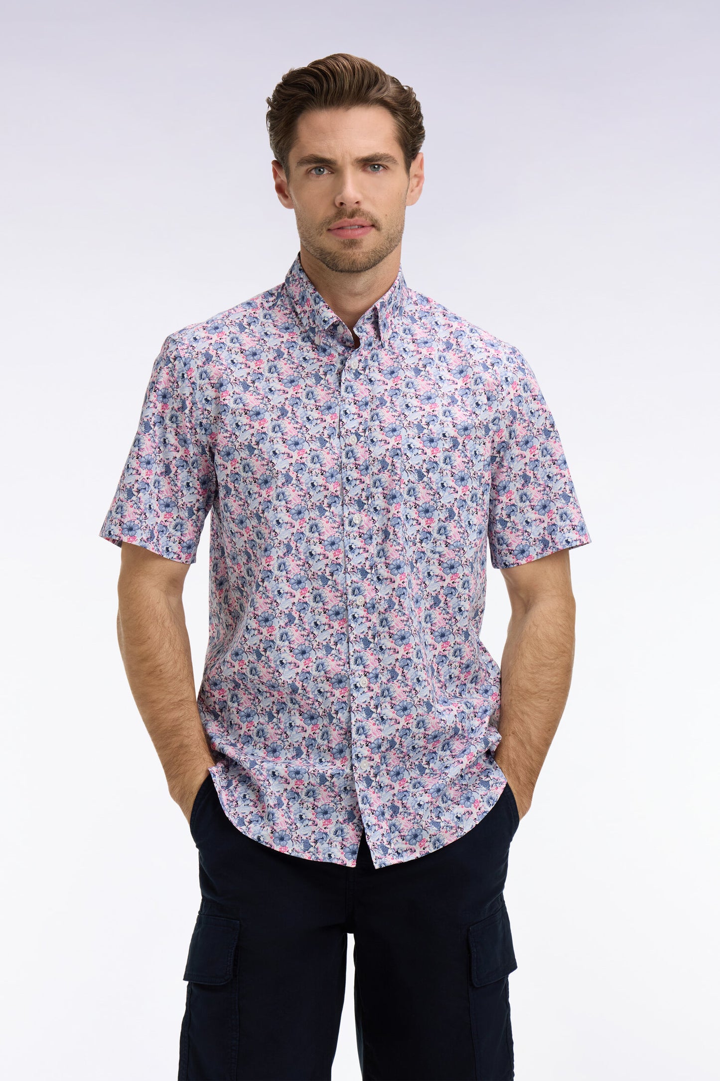 Short-sleeved cotton shirt with pink and blue floral pattern