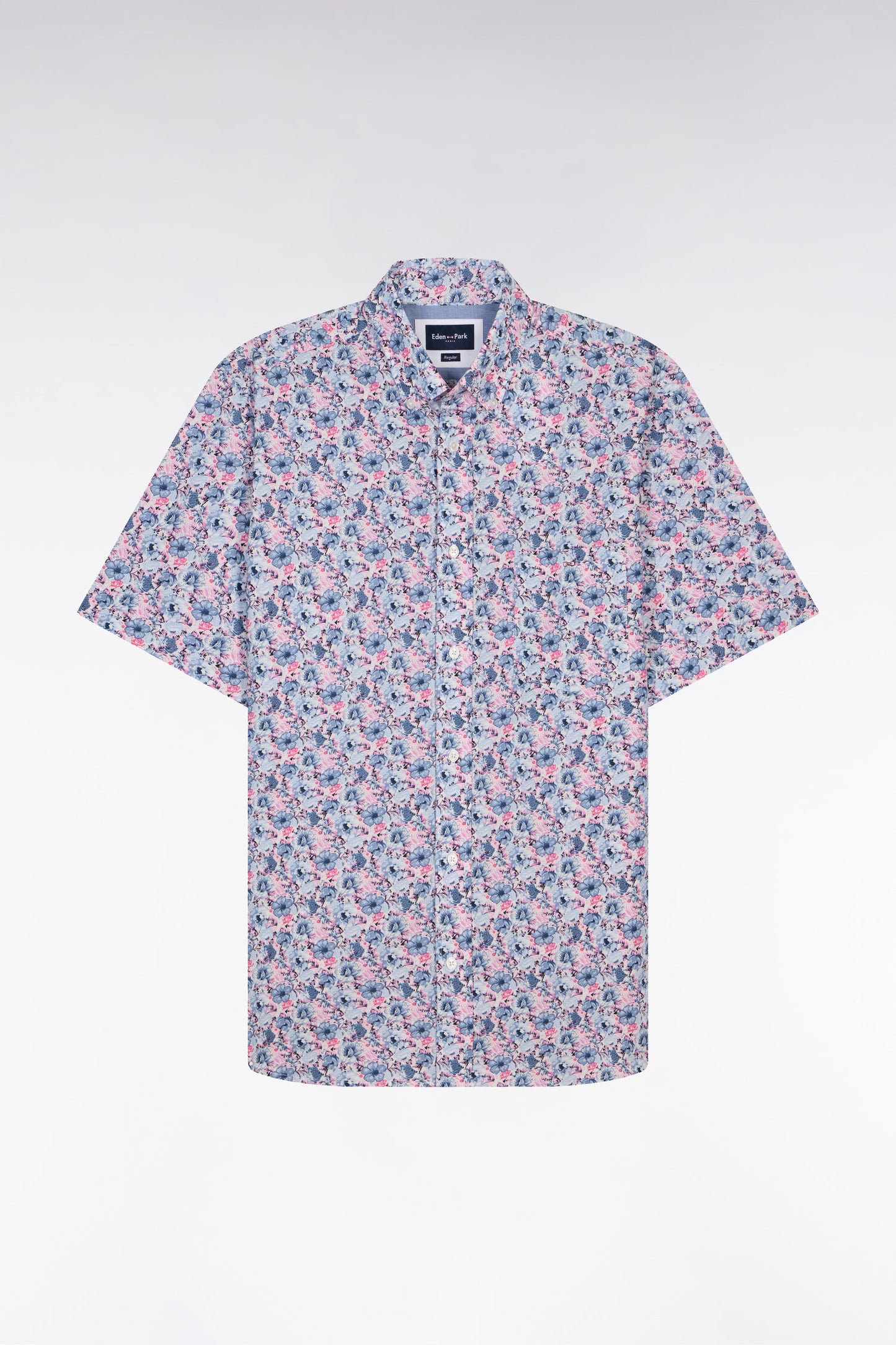 Short-sleeved cotton shirt with pink and blue floral pattern