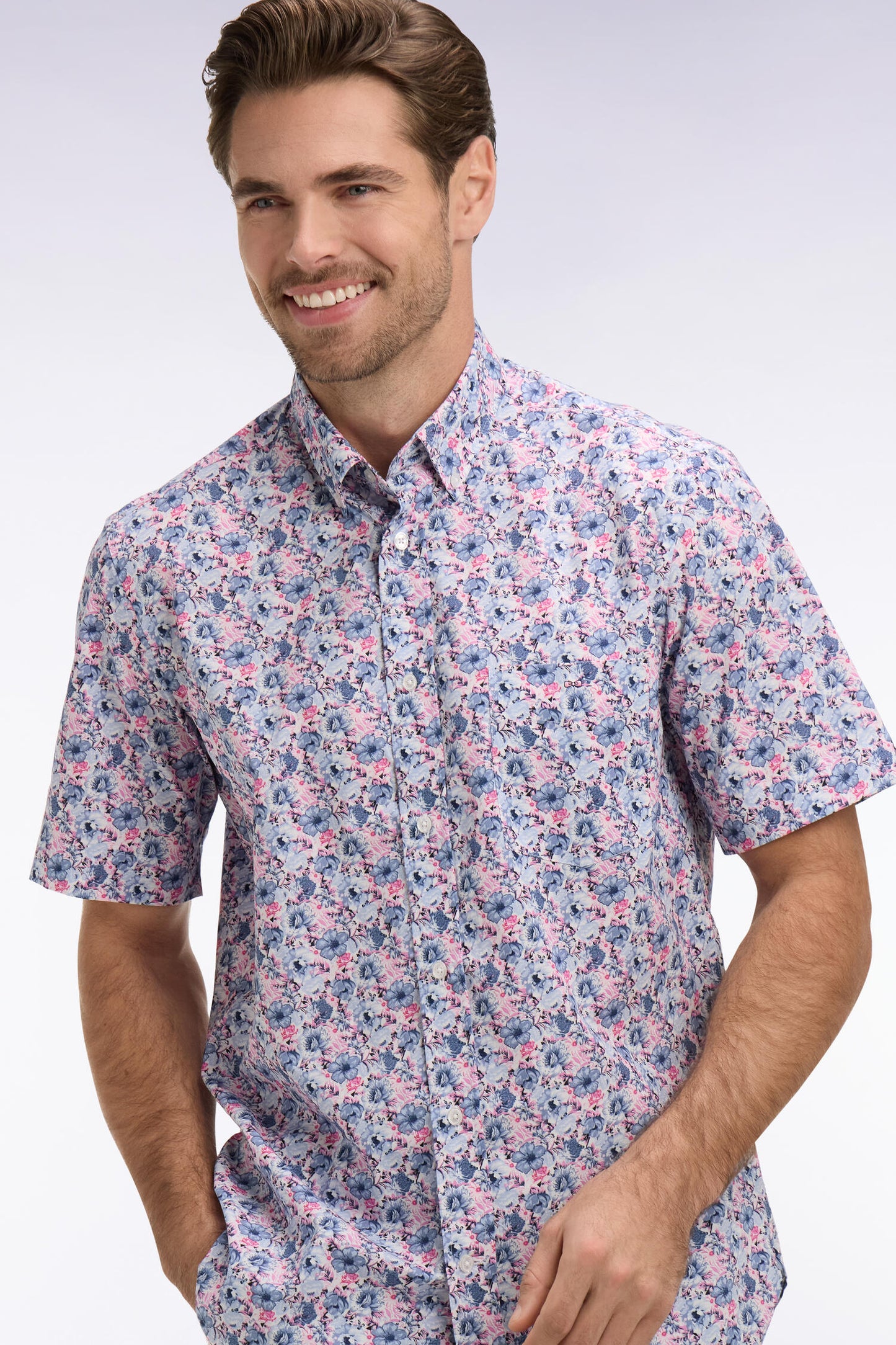 Short-sleeved cotton shirt with pink and blue floral pattern