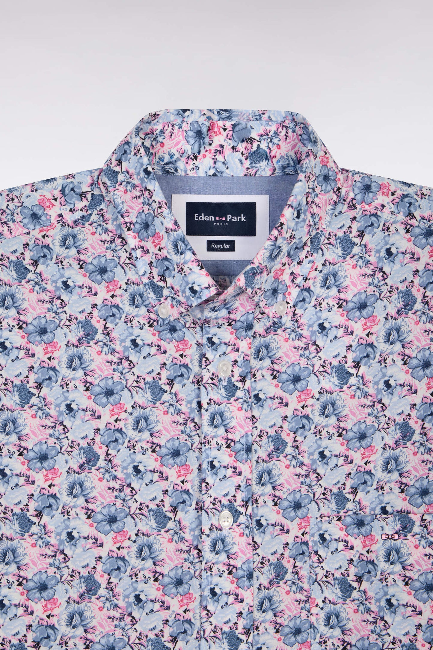 Short-sleeved cotton shirt with pink and blue floral pattern
