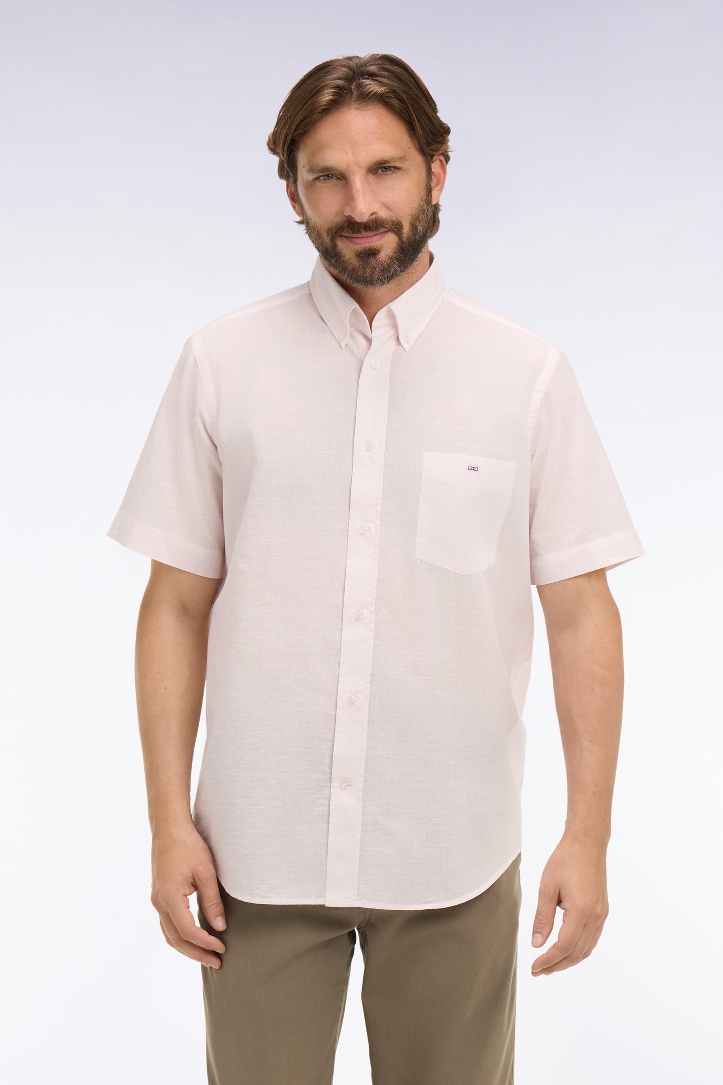 Chemise à manches courtes en coton jacquard rayé rose