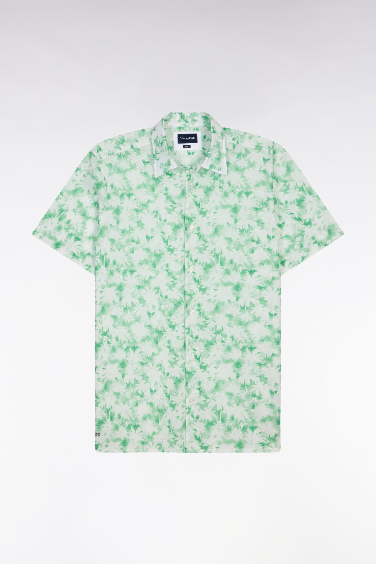 Chemise à manches courtes en popeline de coton à motif floral vert coupe slim