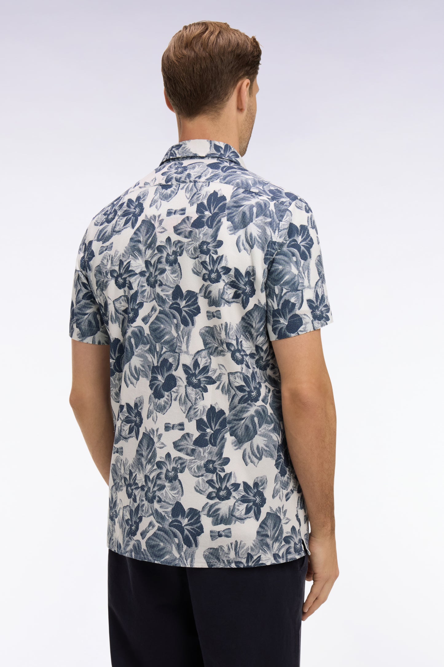 Short-sleeved slim-fit navy floral cotton piqué shirt